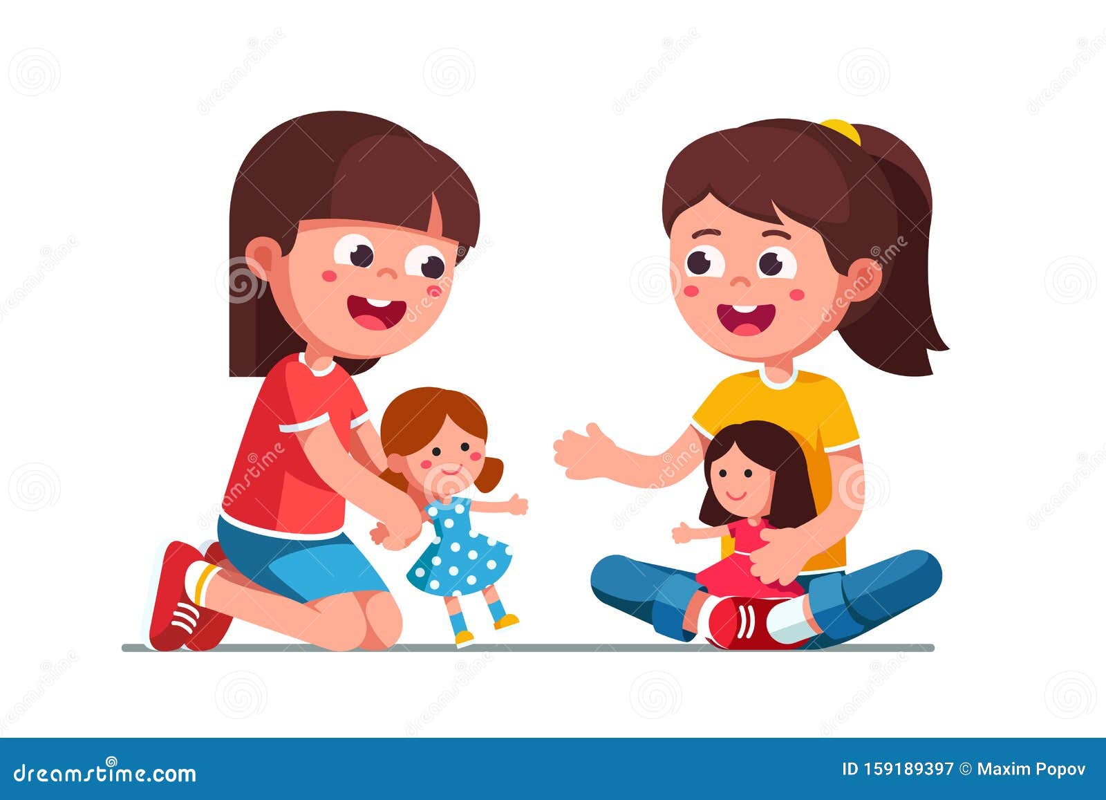 Feliz Sorriso Meninas Brincando Com Bonecas Ilustração do Vetor