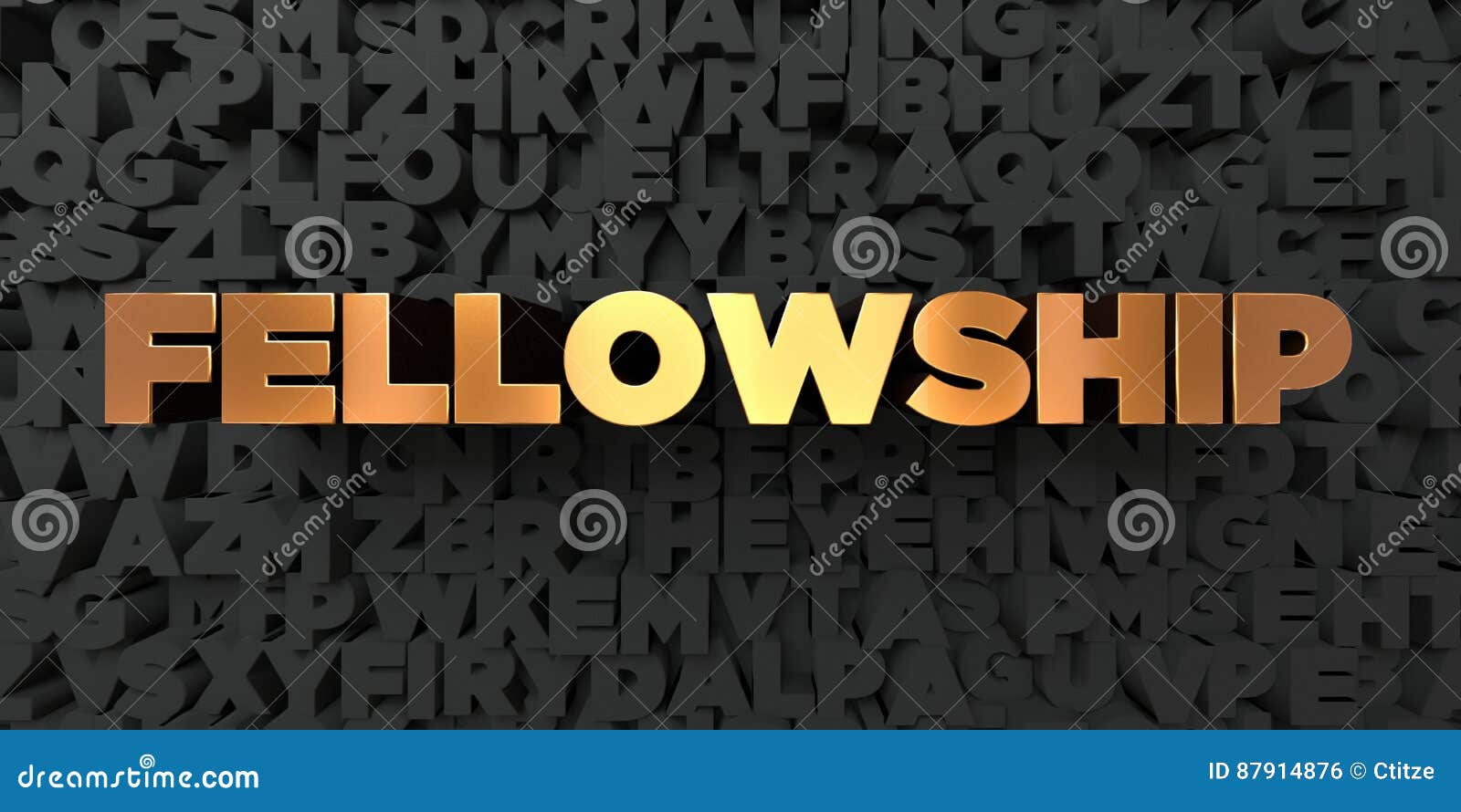 fellowship - gold text on black background - 3d rendered royalty free stock picture
