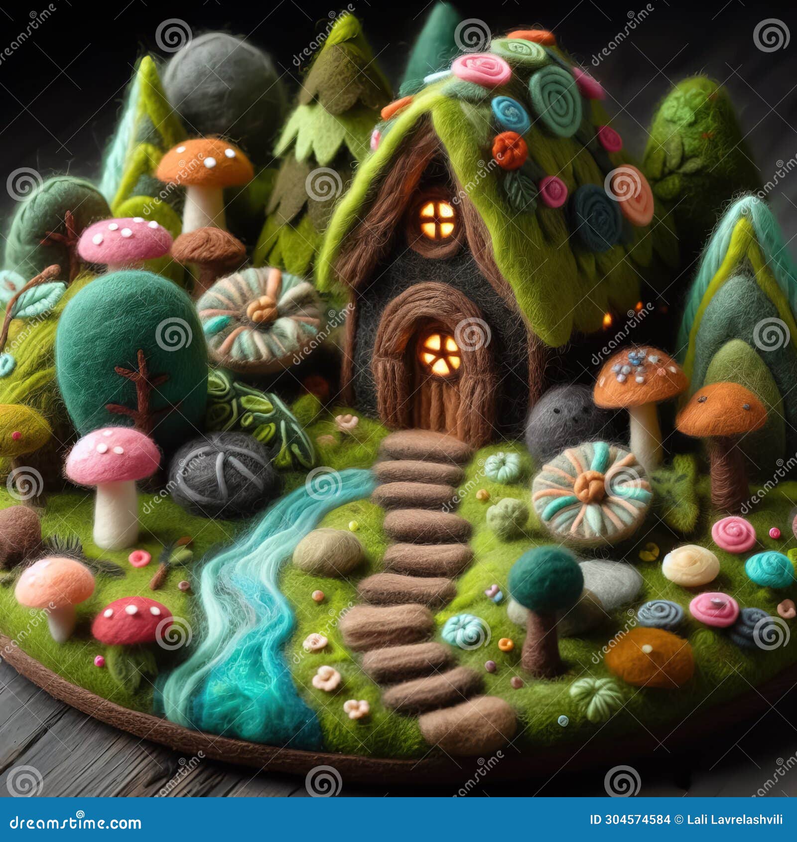 Felt Art Patchwork, Fantasy Home of Tiny Wood Dweller in Forest