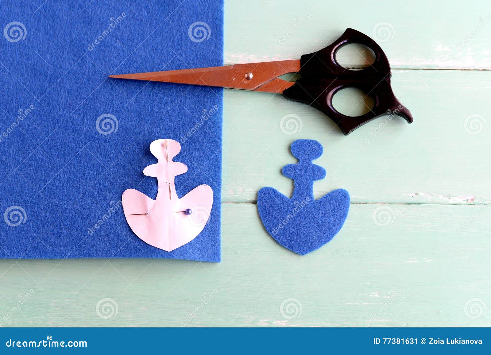 Felt Piece Cut into the Shape of an Anchor. Scissors, Paper Template, Pins  on Wooden Background. Sewing Lesson for Kids Stock Image - Image of  pattern, equipment: 77381631