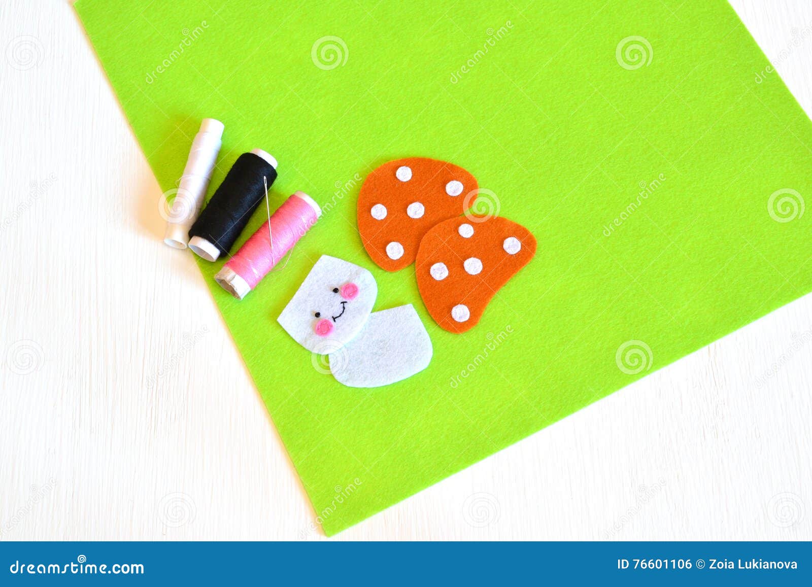 Felt Sheets, Felt Details, Thread, Needle Sewing Set For The Felt Mushroom. Tutorial Stock