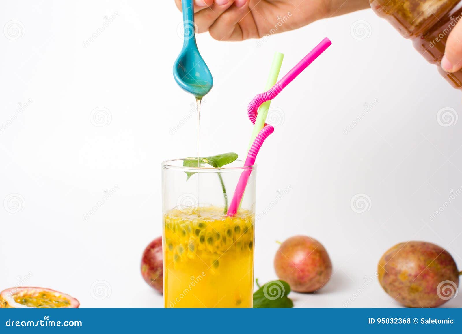 Female Adding Honey in Passion Fruit Juice Stock Photo Image of juice