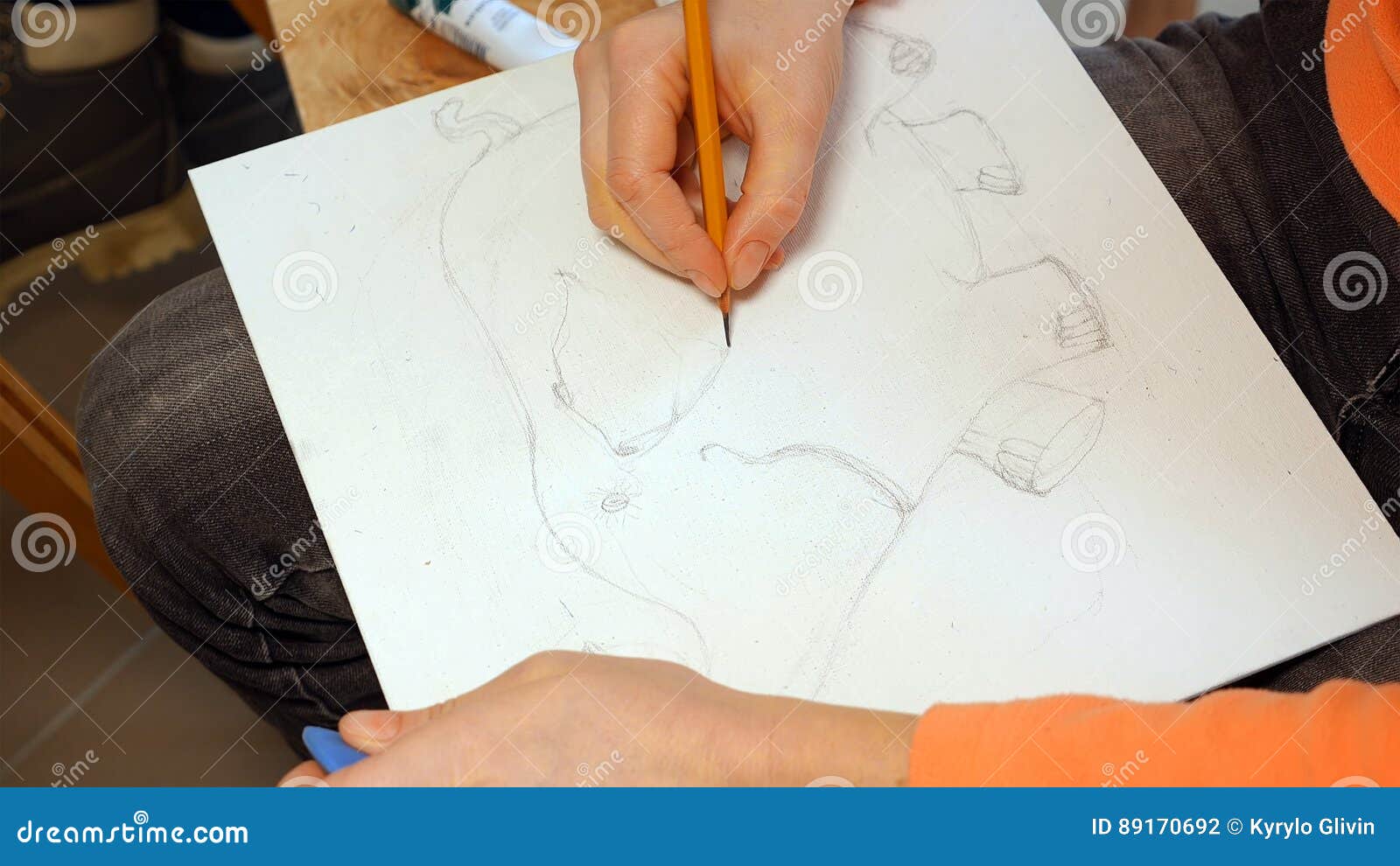 Female Artist Draws A Pencil Sketch In Art Studio Stock