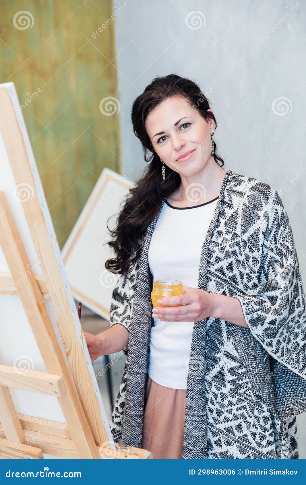 Female Artist Works on Abstract Oil Painting, Moving Paint Brush ...