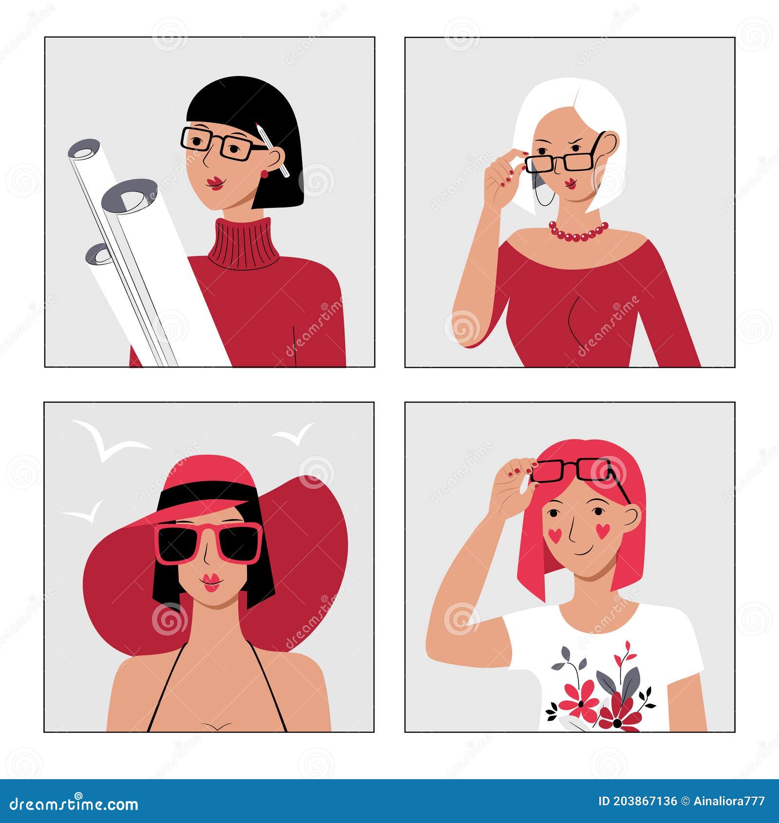 Female Avatar User Icon Set. Cute Girls in Glasses Vacationer ...