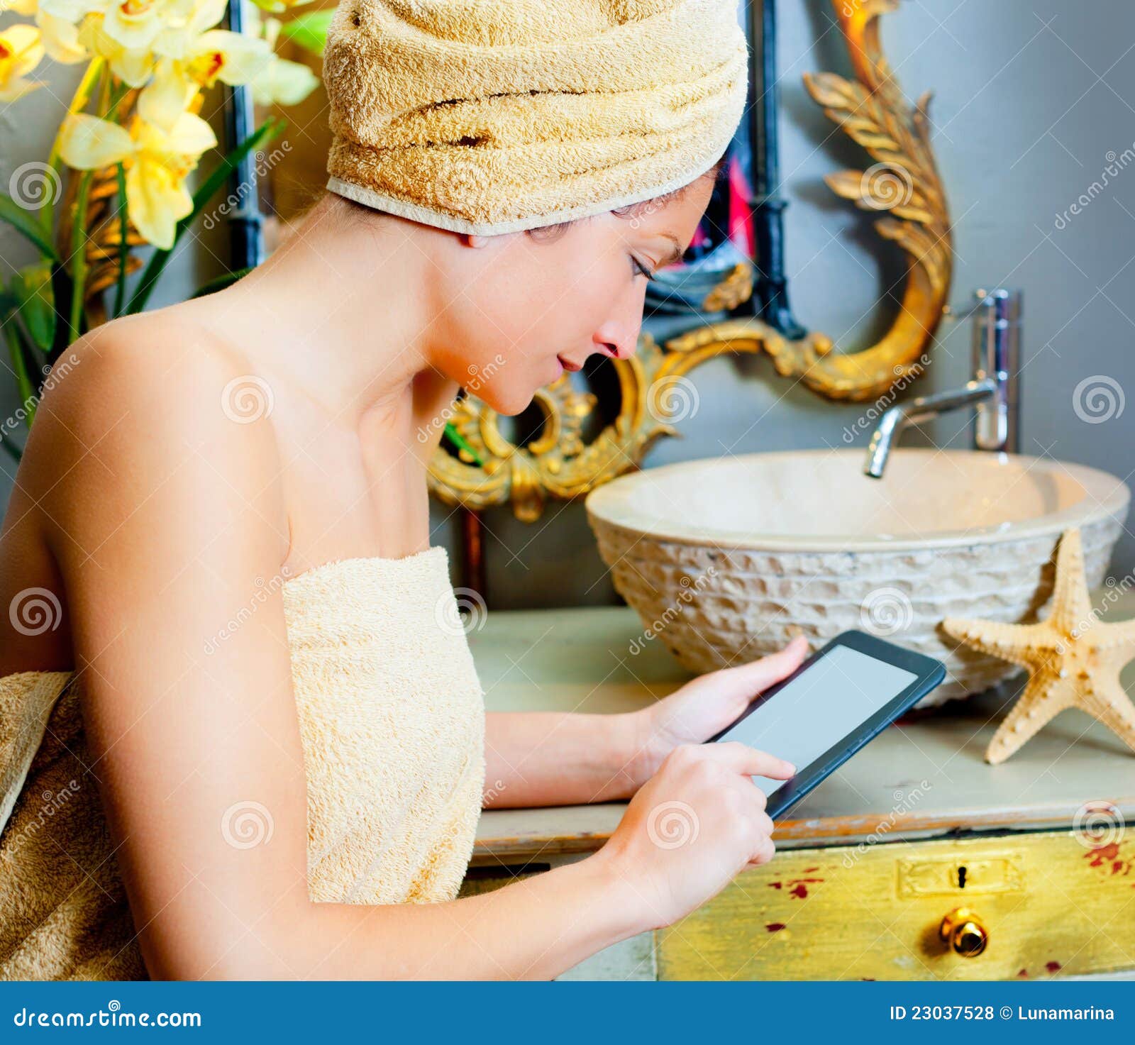 Female in Bathroom Reading Ebook Tablet Stock Photo Image of keypad