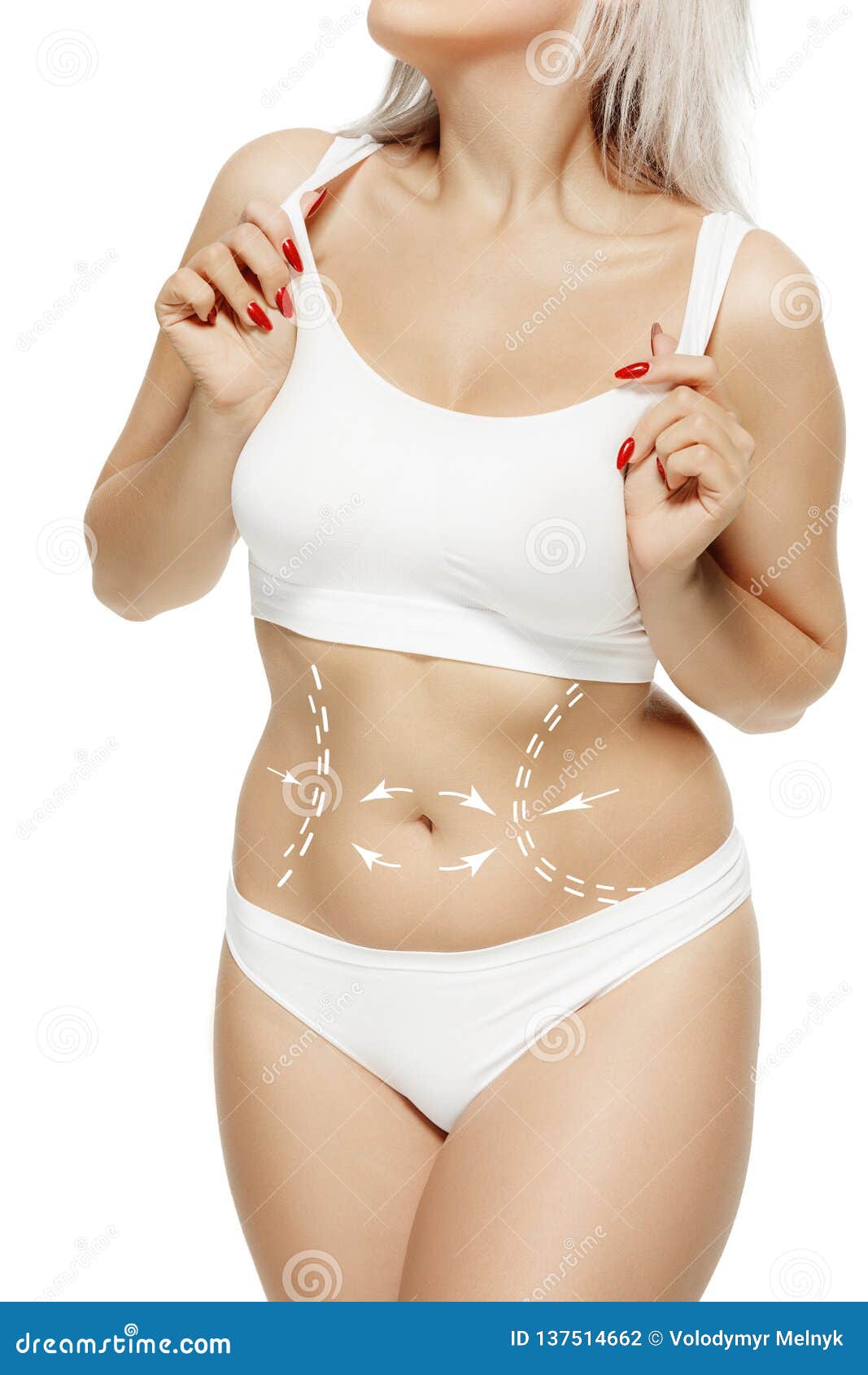 female body with the drawing arrows. fat lose, liposuction and cellulite removal concept