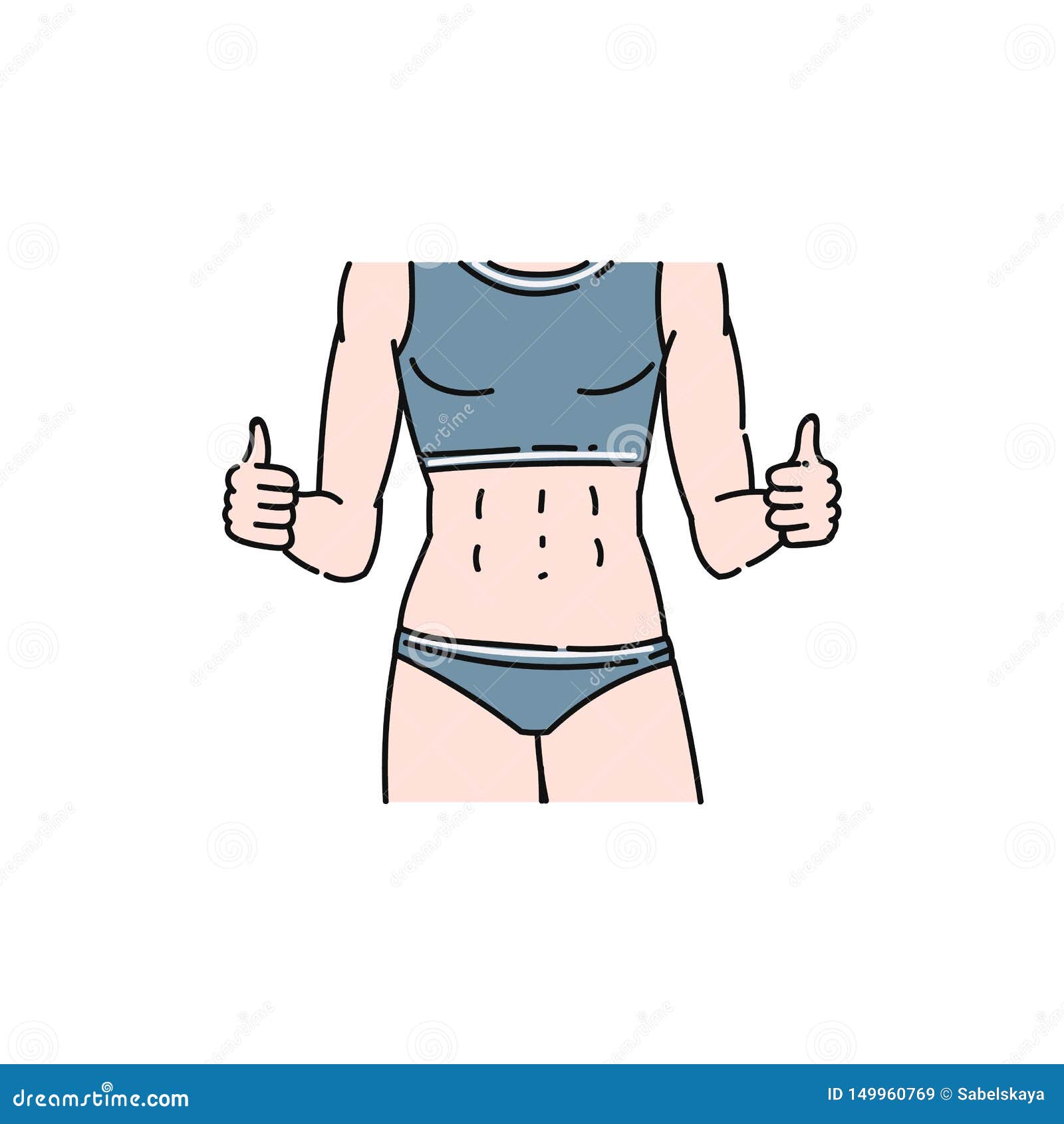 Female Body With Six Pack Abs And Flat Stomach Cartoon Woman Drawing Giving Thumbs Up Stock 