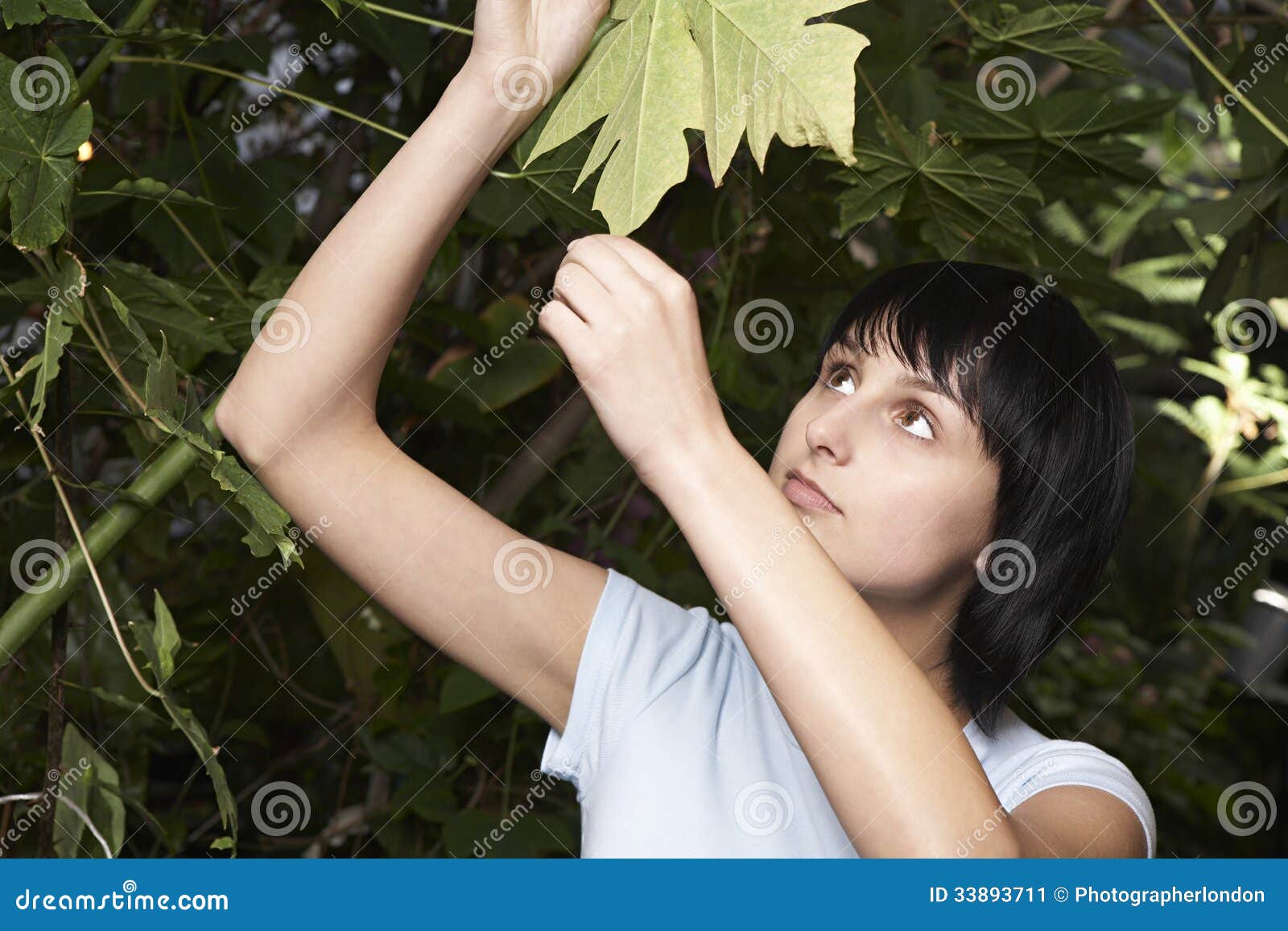 female botanist examining leaf