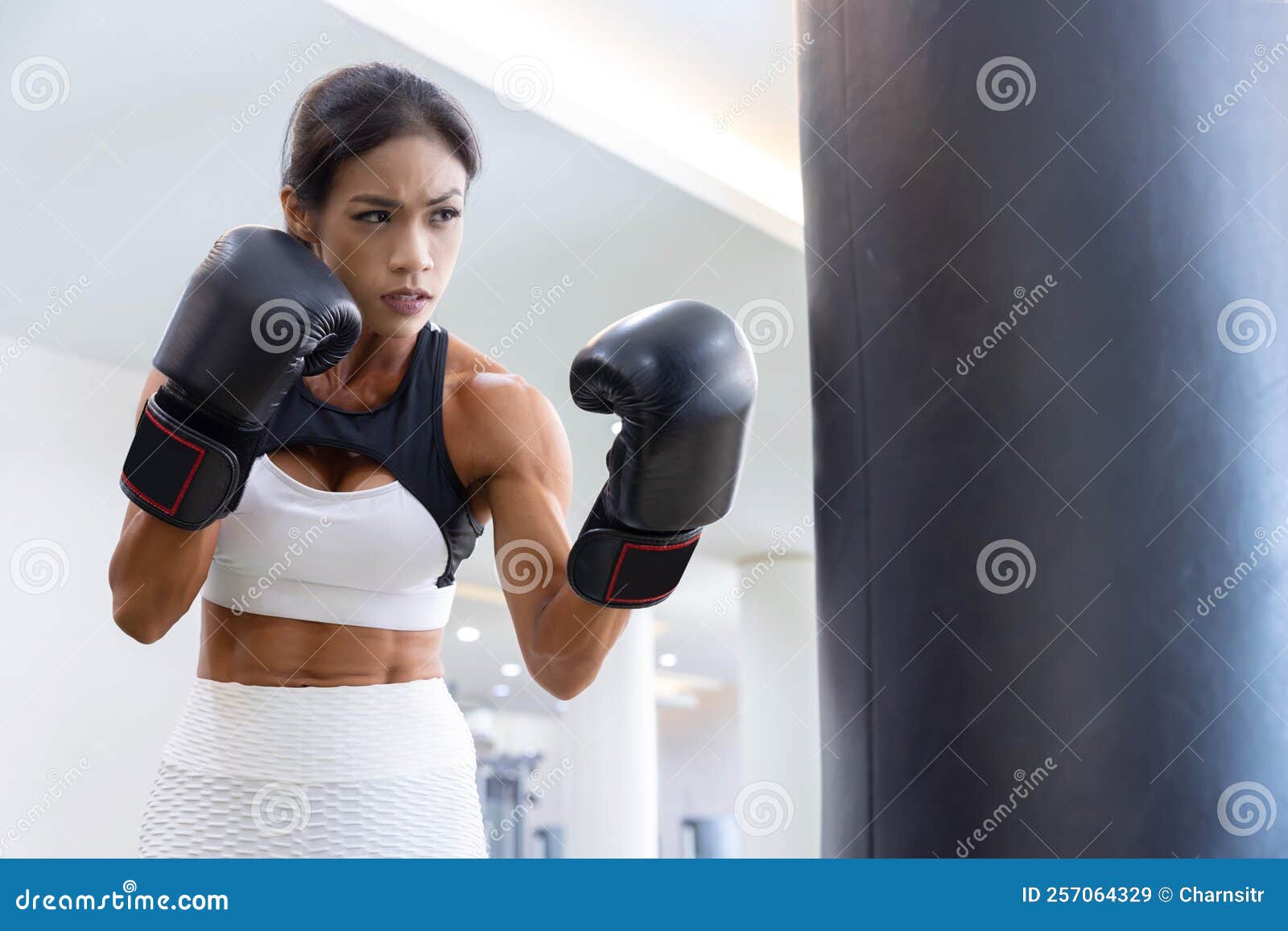 Female Boxer in Boxing Stance Pose in Front of Sand Bag Stock Image