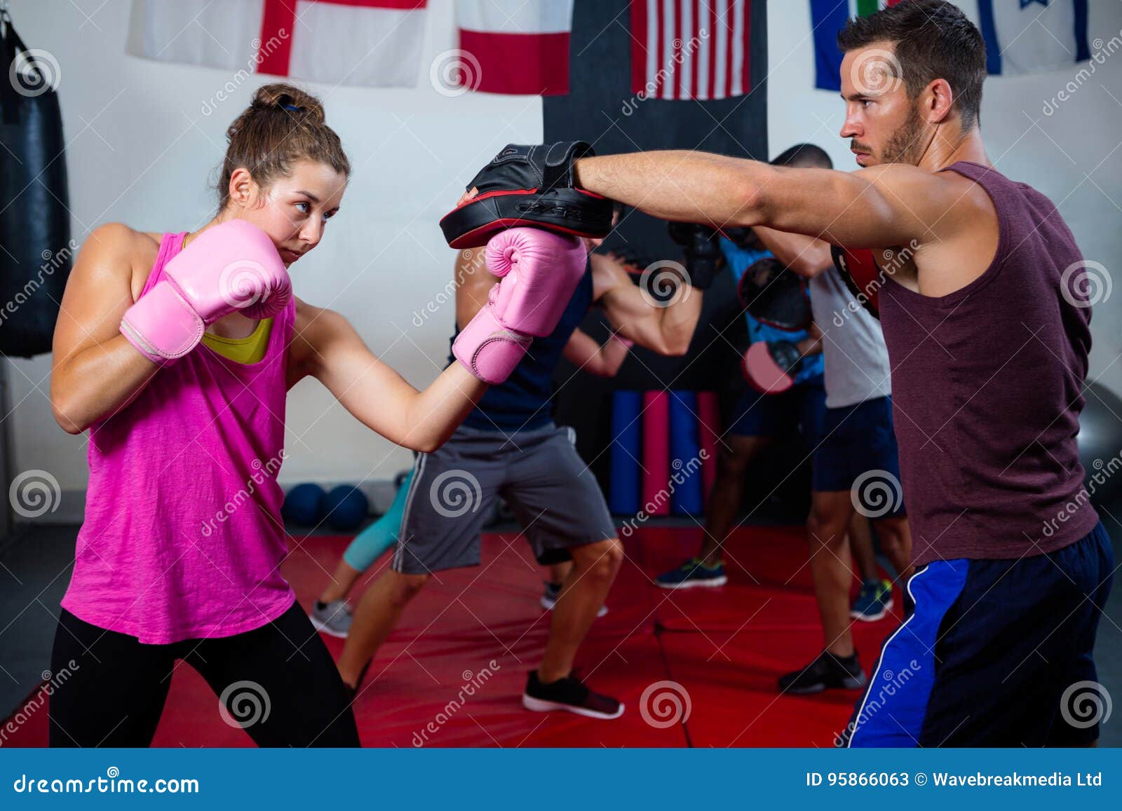 Female Boxer and Instructor Practicing with Boxing Stock Image Image of activity, flags 95866063