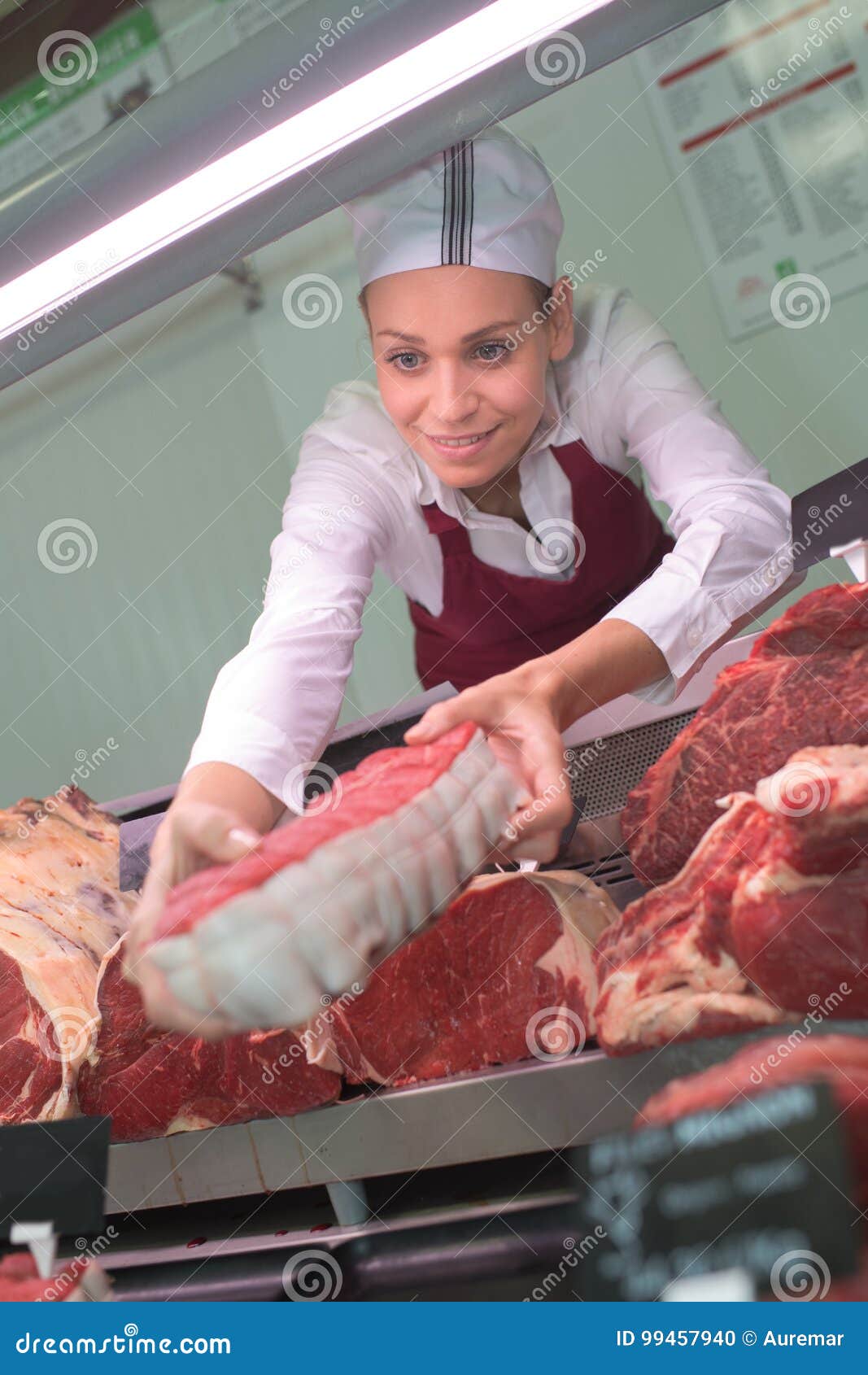 Female Butcher Testing Quality Meat Stock Photo Image of deli, meat