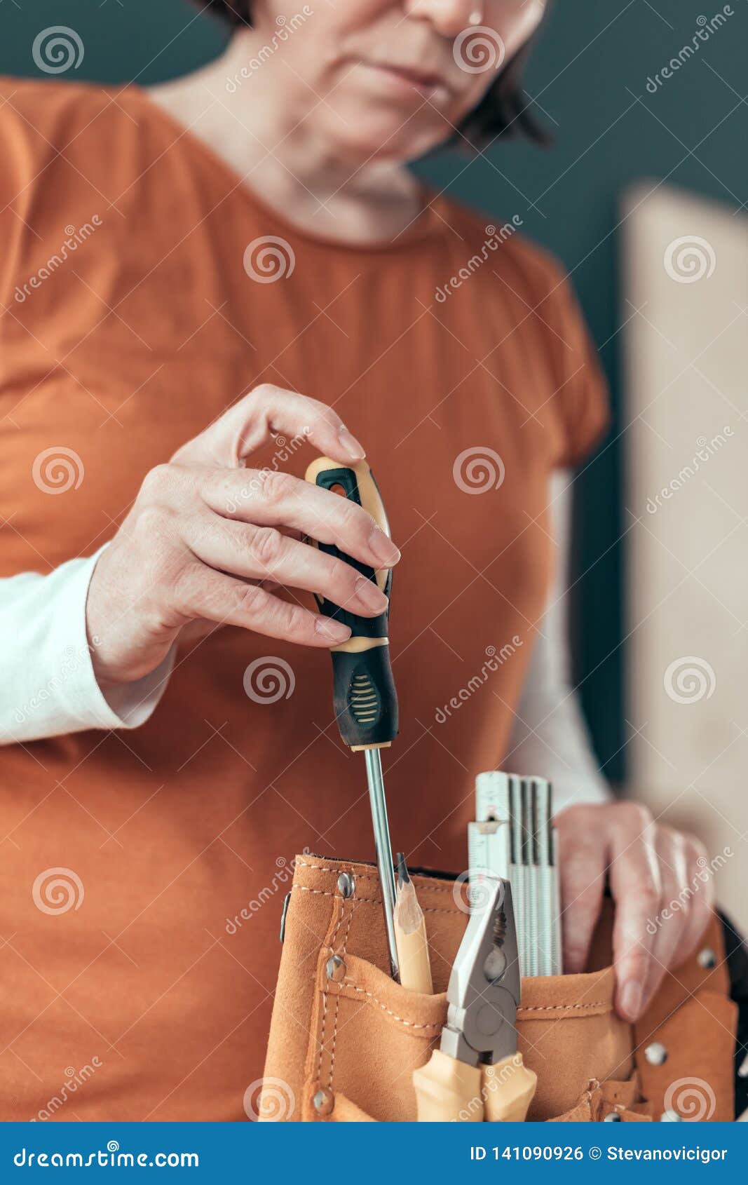 Female Carpenter Organizing Tool Belt Set Stock Photo Image of small