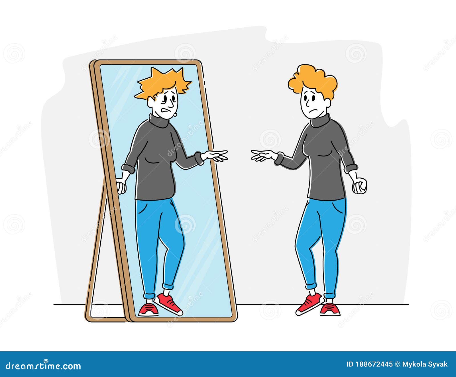 female character with low self-esteem looking at mirror see herself reflection as ugly woman with old haggard face
