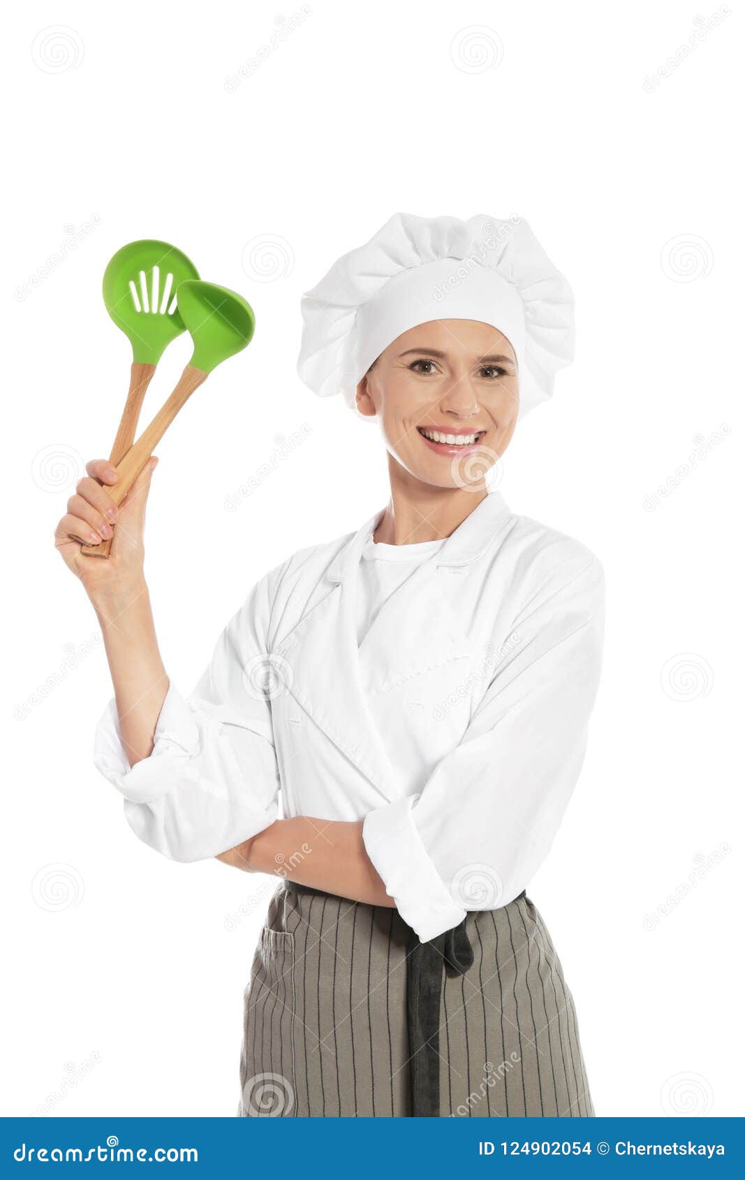 Female Chef with Ladle and Slotted Spoon Stock Photo - Image of ...