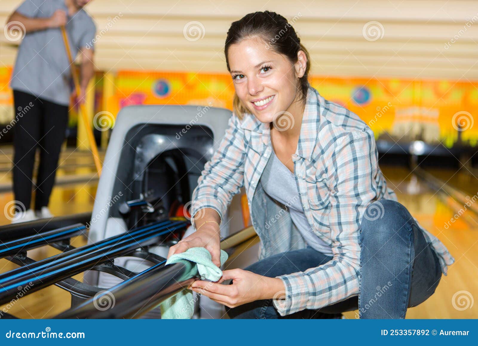 Female Cleaner Working in Bowling Center Stock Photo Image of