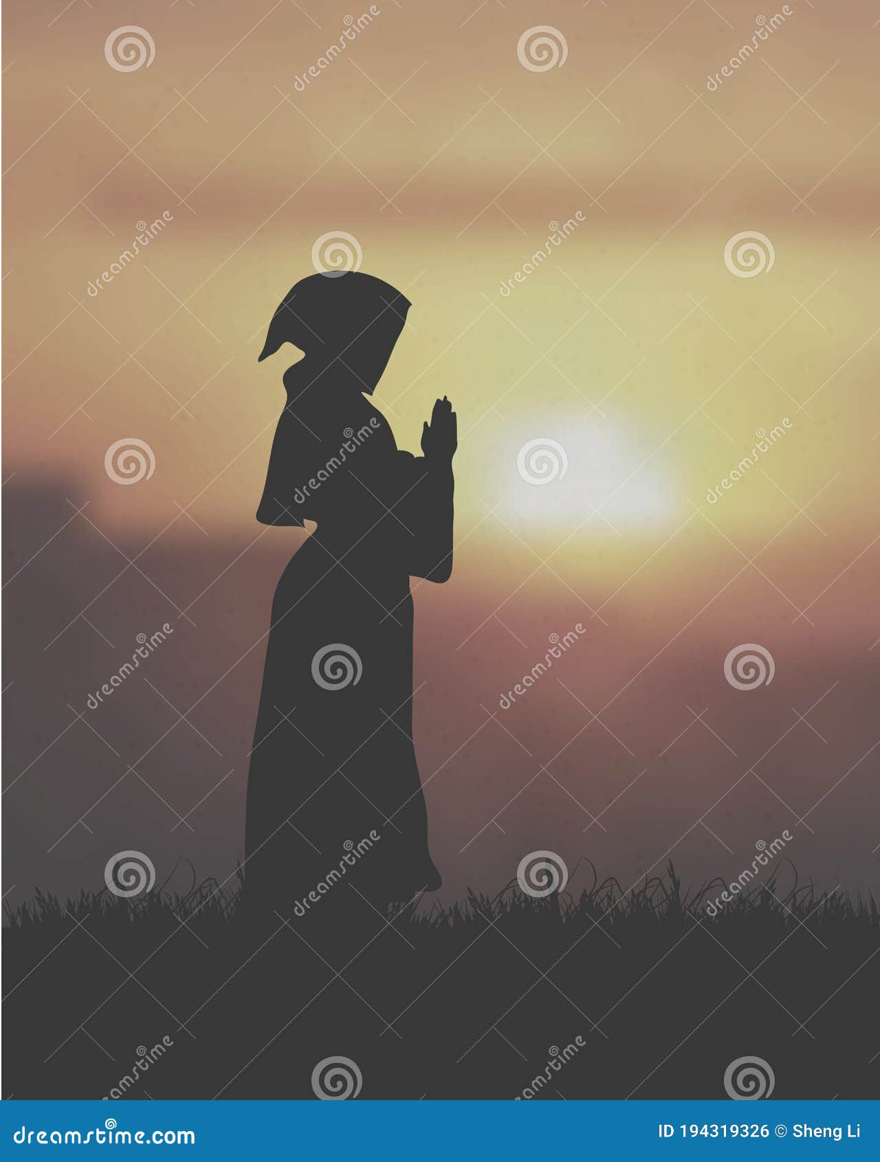 a female clergy praying under the sunset