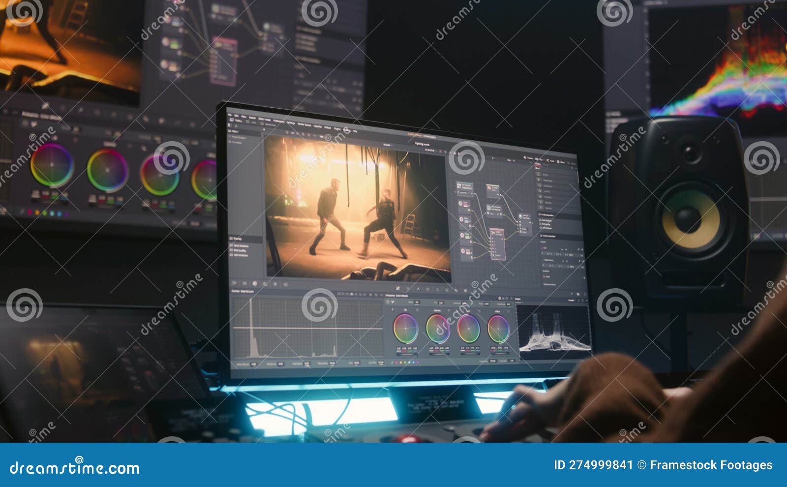 Female Colorist Makes Film Color Correction Using PC Software Stock