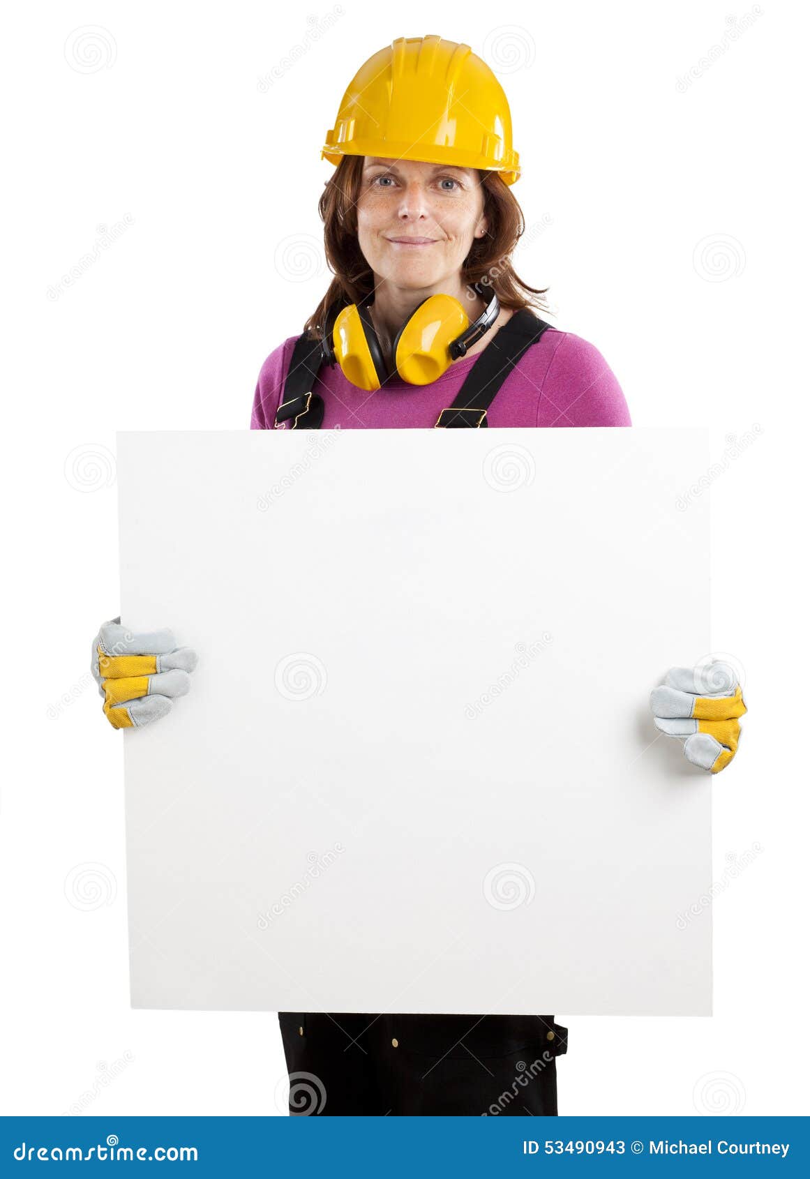 Female Construction Worker Holder Blank Sign Isolated on White. Stock