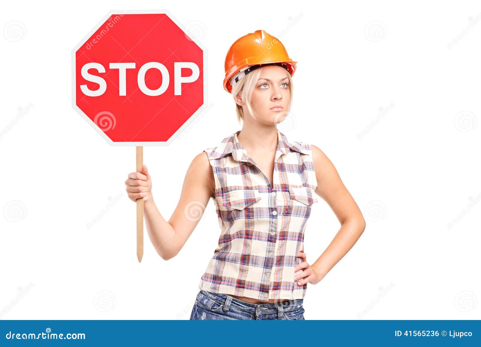 Female Construction Worker Holding a Stop Sign Stock Photo Image of