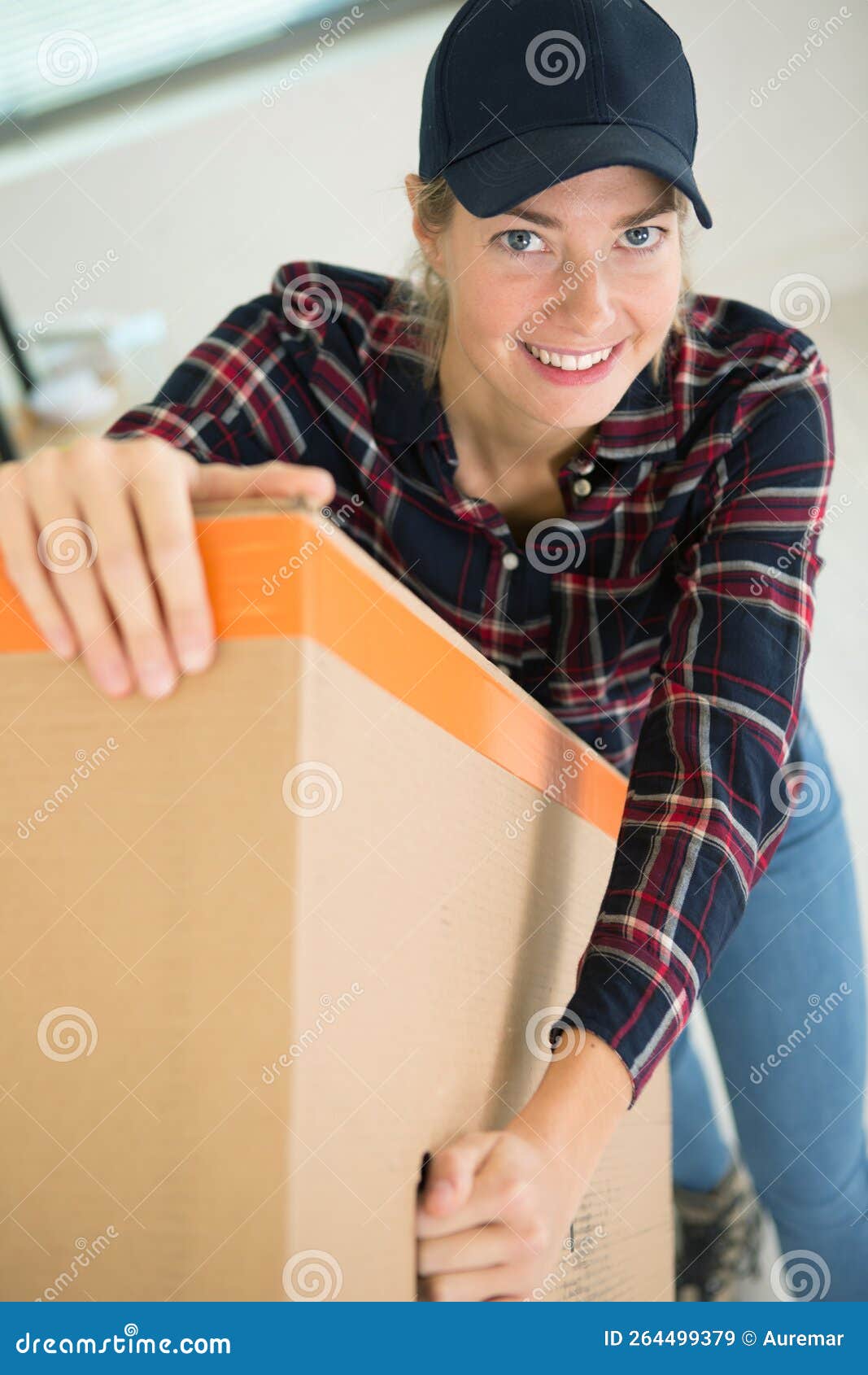Female Courier Moving Bulky Box Stock Image Image of plaid, removal