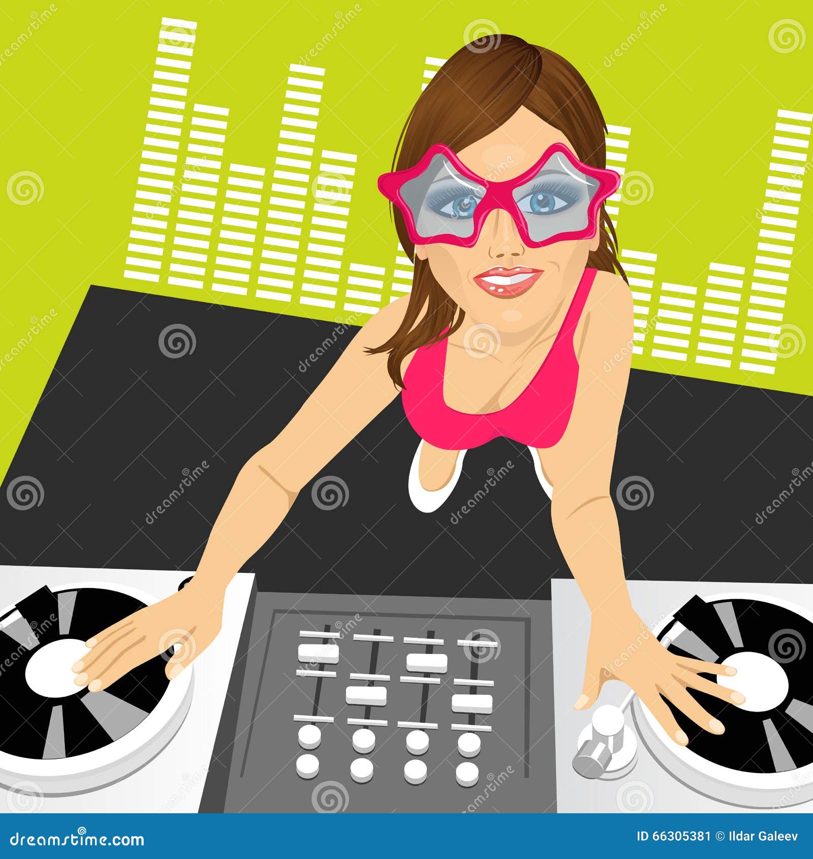 Female Disc Jockey Mixing Music Using Her Turntables Stock Vector ...