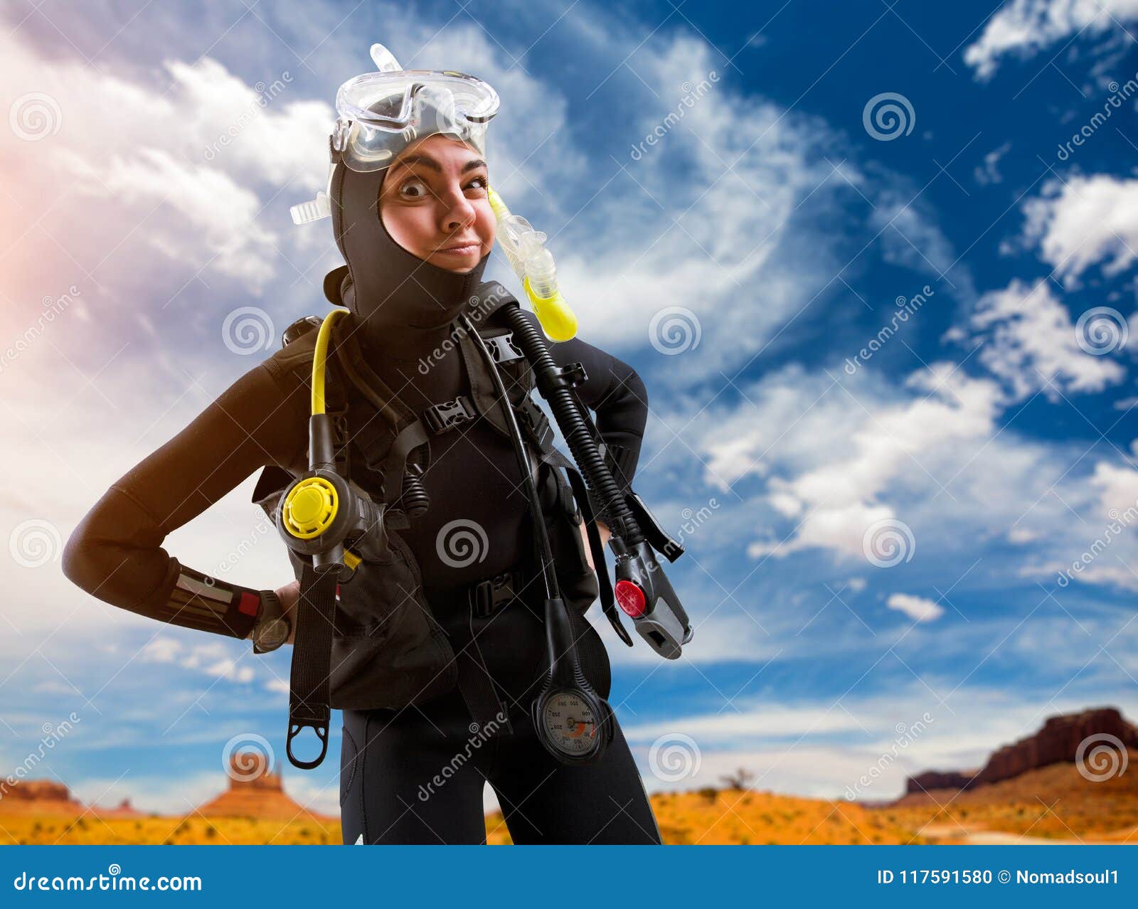 Female Diver In Diving Gear Poses On The Beach Stock Photo - Image of