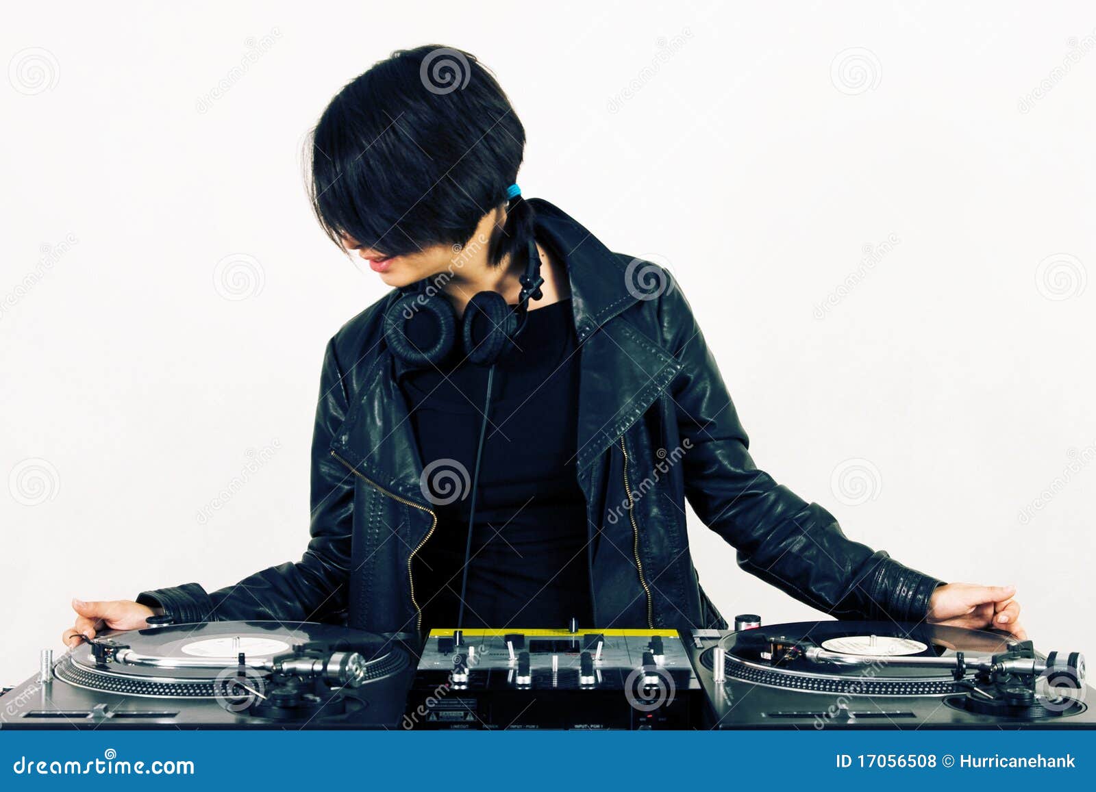 Female DJ at the Turntables Stock Photo Image of cables