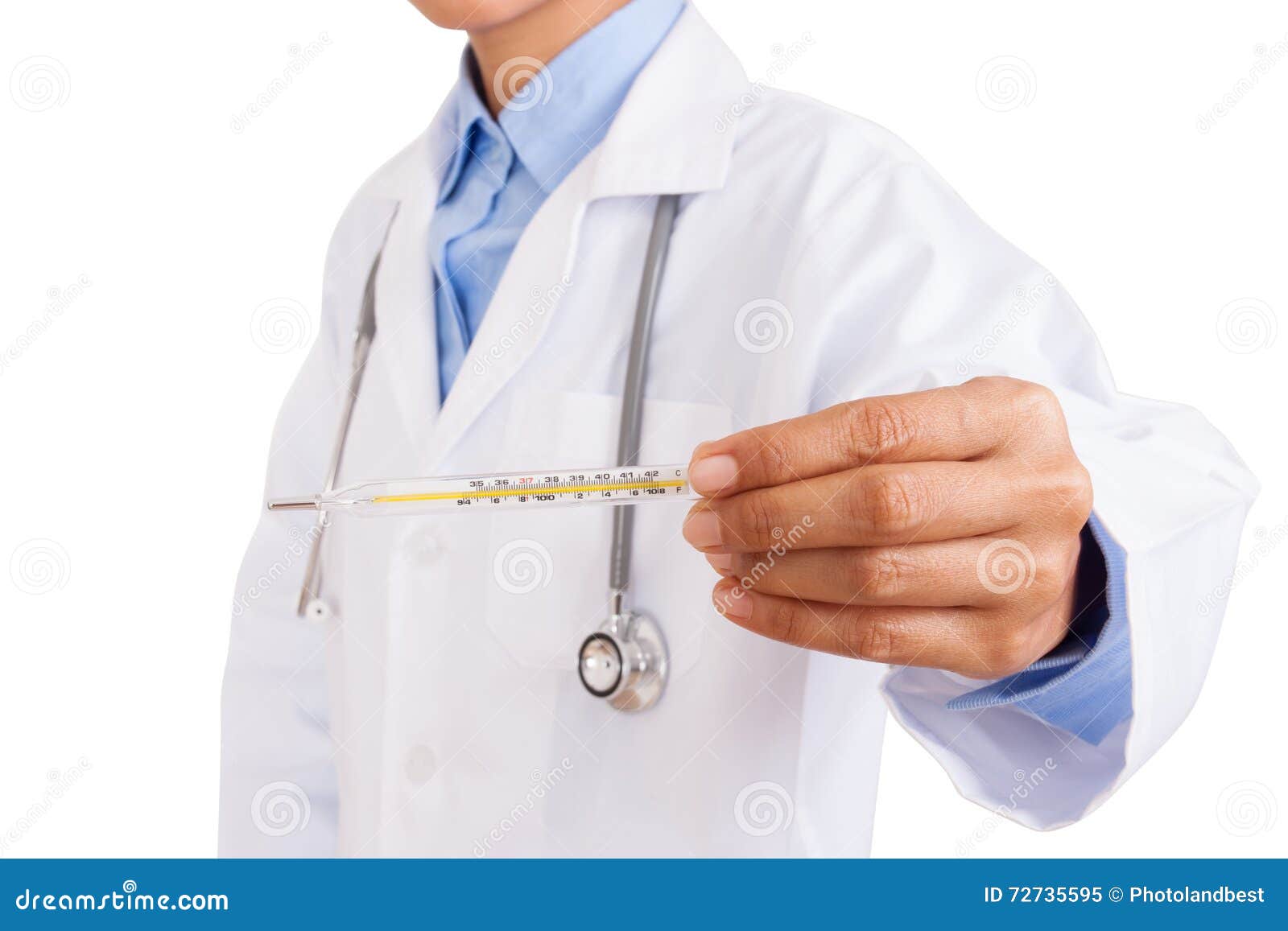 Female doctor holding thermometer with stethoscope.on white background