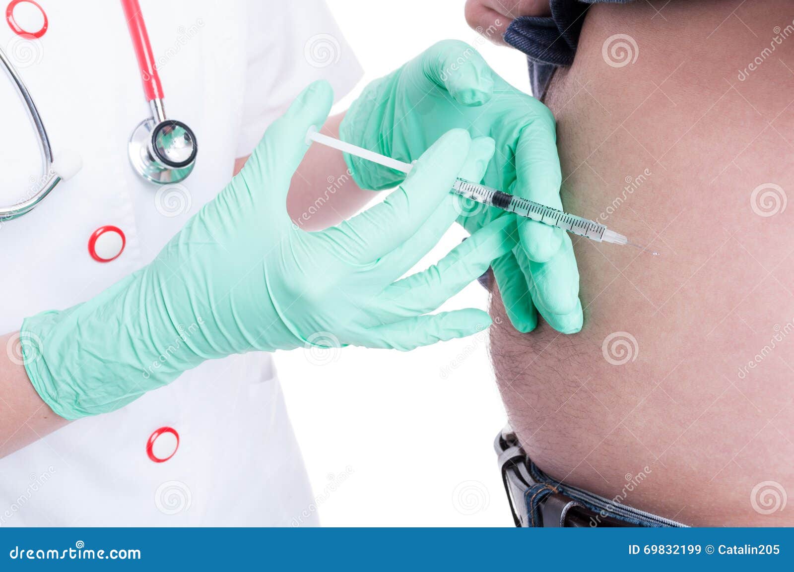 female doctor making injection in abdomen to a diabetes patient
