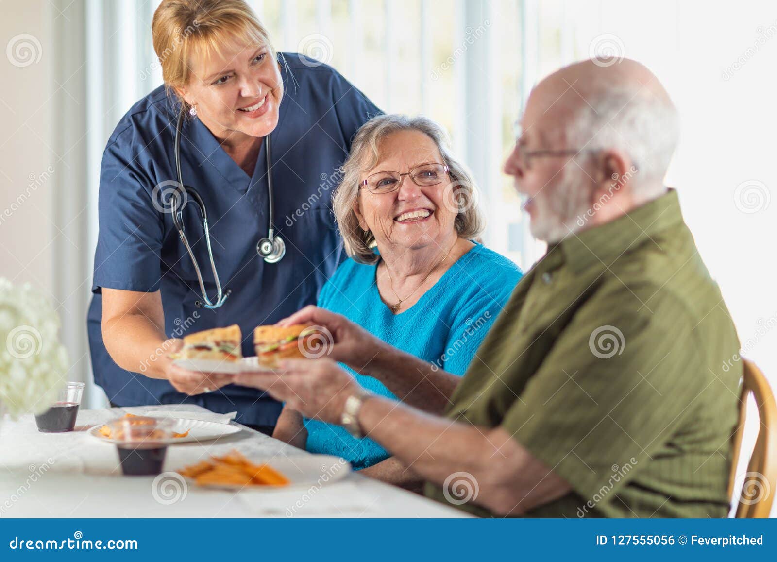 Female Doctor Or Nurse Serves Senior Adult Couple Sandwiche