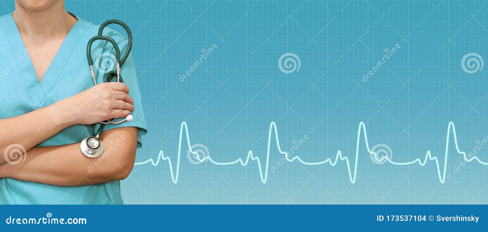 female doctor or nurse with a stethoscope in the hands and ecg line on medical green background. health care banner