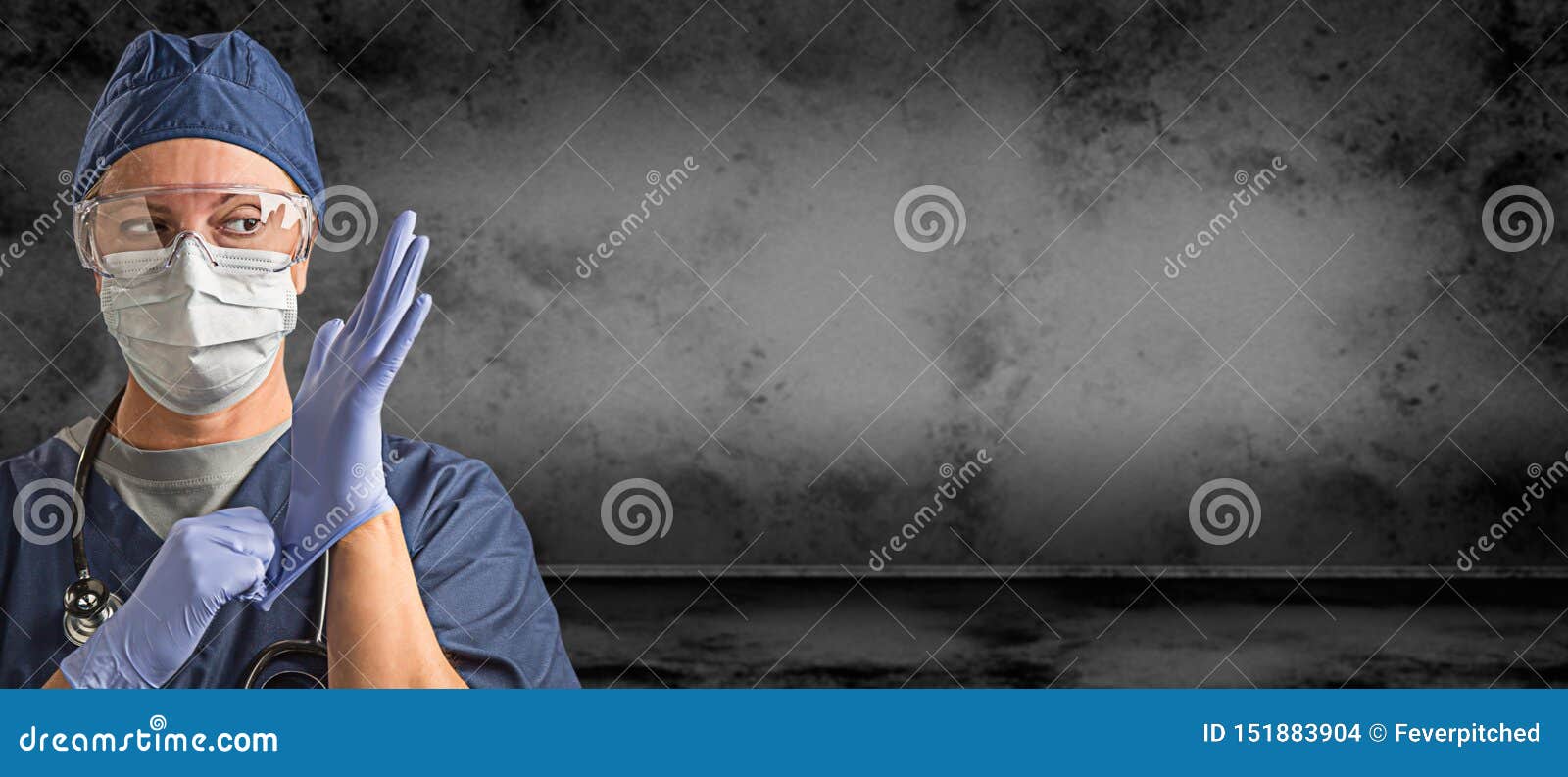 female doctor or nurse wearing goggles, surgical gloves and face mask against grungy dark background banner