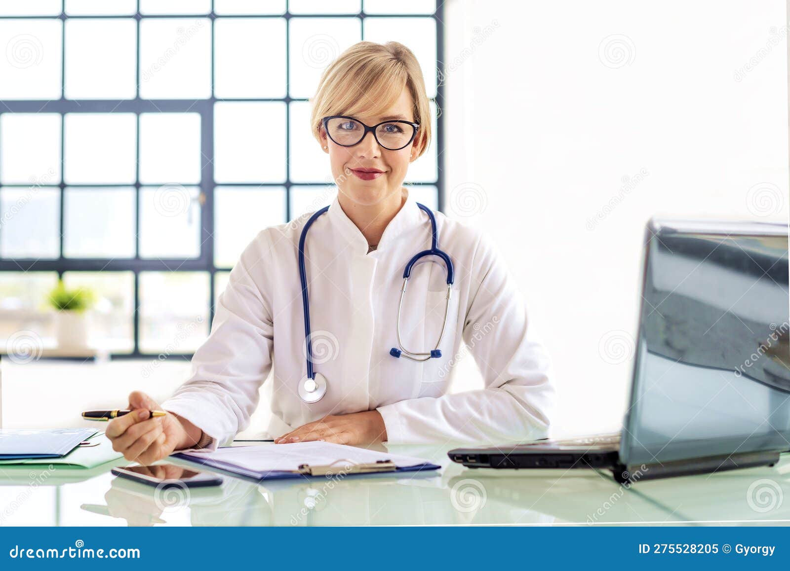 female doctor sitting at desk and using laptop and doing some paperwork in doctorÃ¢â¬â¢s office