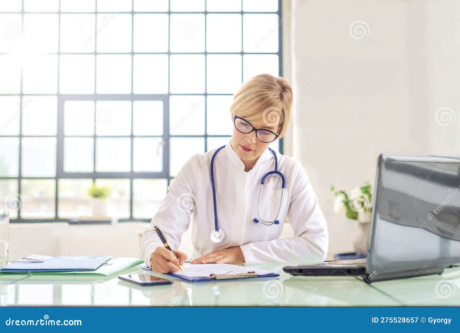 female doctor sitting at desk and using laptop and doing some paperwork in doctorÃ¢â¬â¢s office