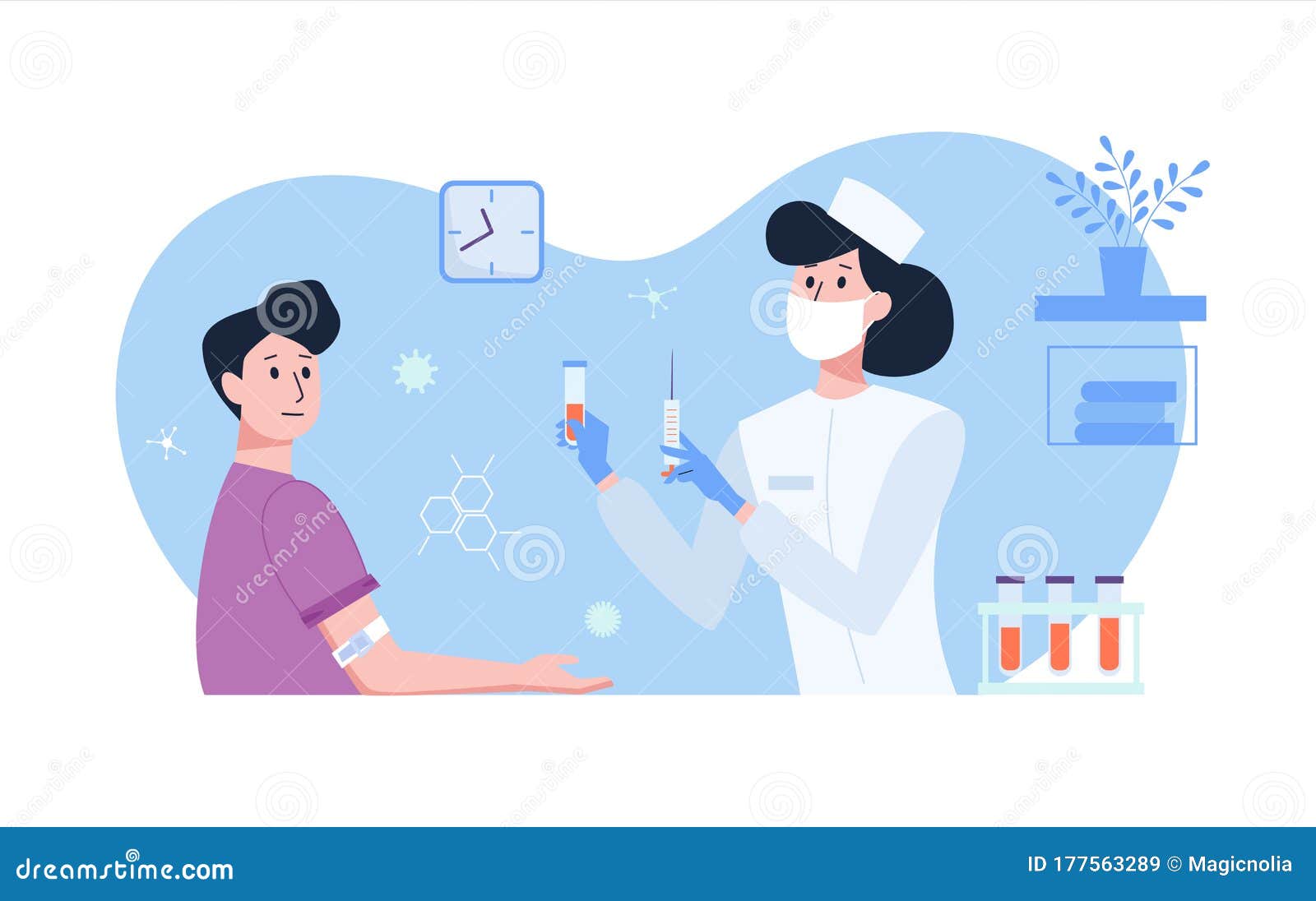 Female Doctor in White Medical Uniform Takes Blood Tests from a Patient and  Holds a Syringe and Test Tube in His Hands Stock Vector - Illustration of  blood, character: 177563289