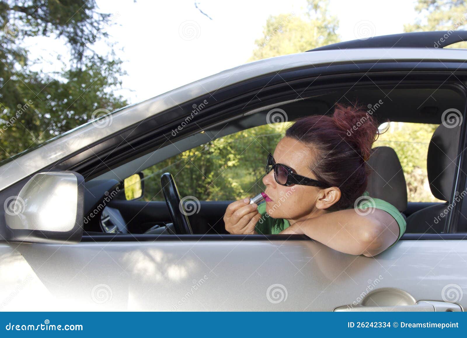 Female Driver Doing Makeup with Red Lipstick Stock Photo Image of