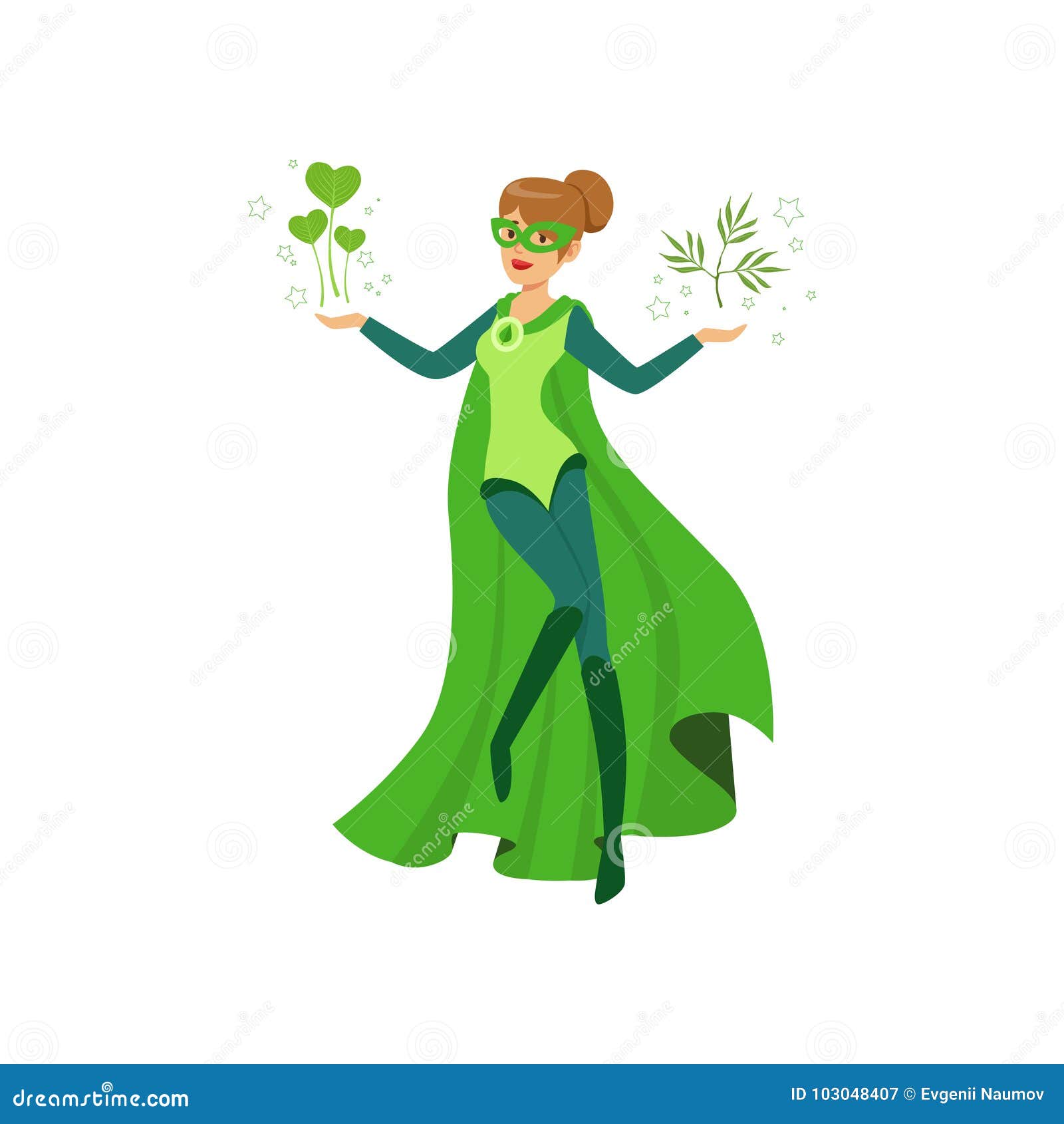 Female Eco Superhero Levitates with Green Leaves Stock - female, nature: 103048407