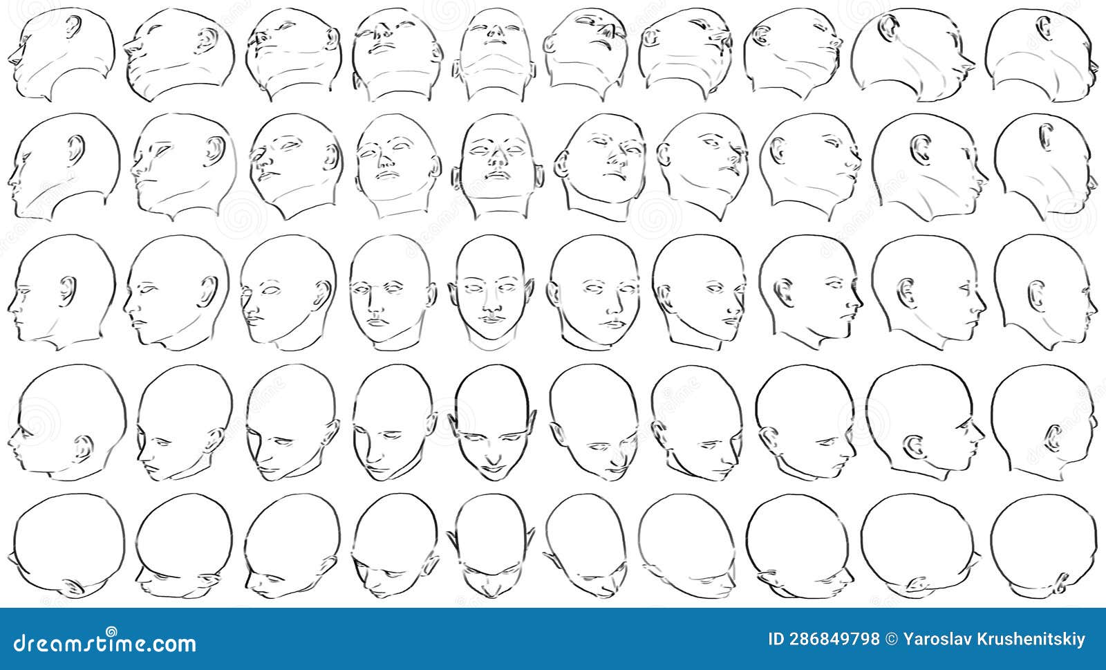 50 Female Faces (Difficult Perspective) - 3D Drawing Stock Illustration ...