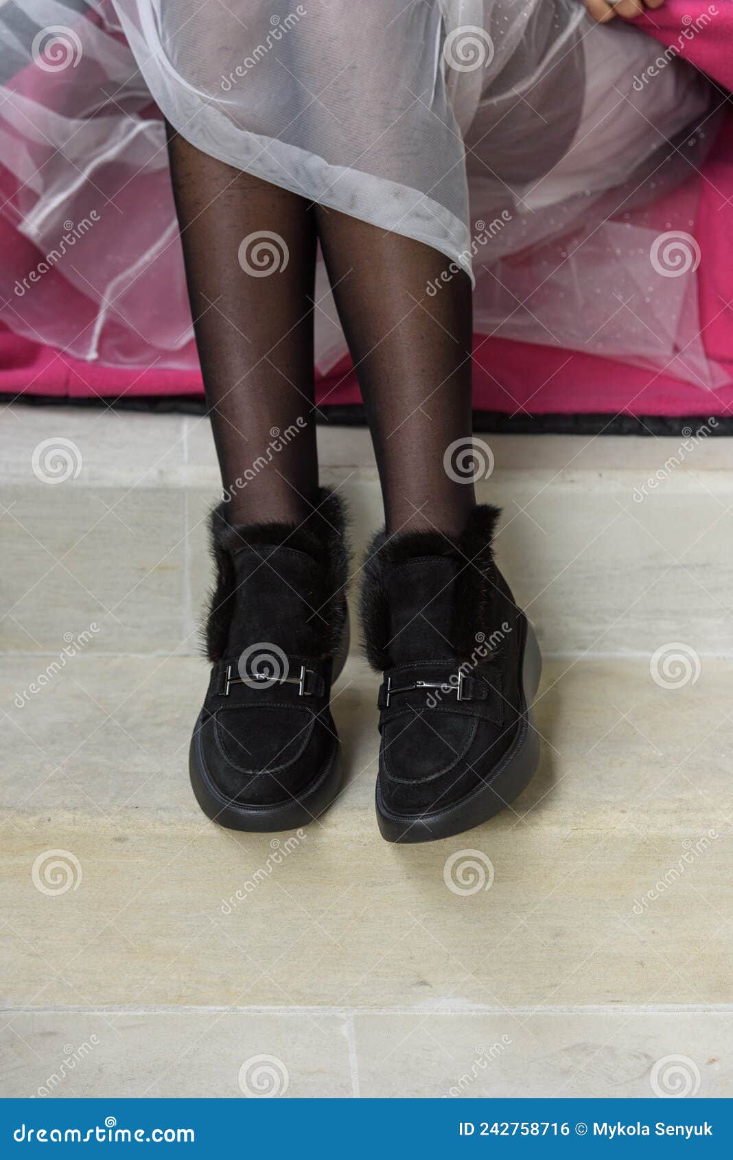 Female Fashion Shoes. Black Boots with Fur Stock Photo - Image of group ...