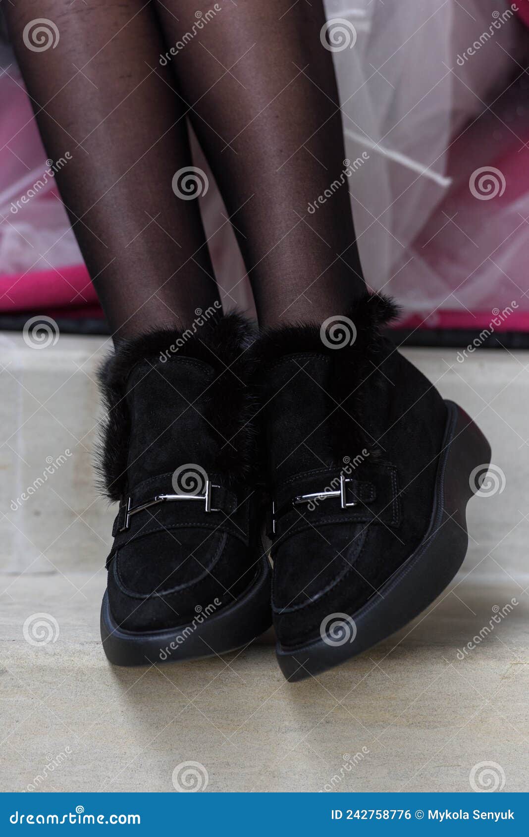 Female Fashion Shoes. Black Boots with Fur Stock Photo - Image of sport ...