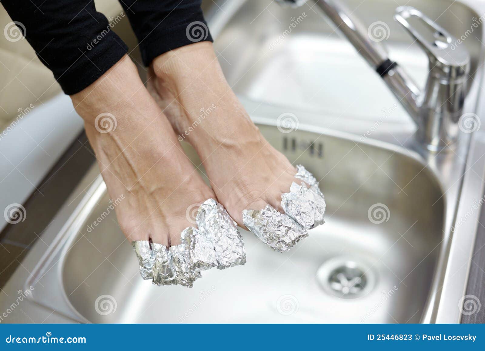 Female Feet with Fingers Wrapped in Foil. Stock Image Image of feet