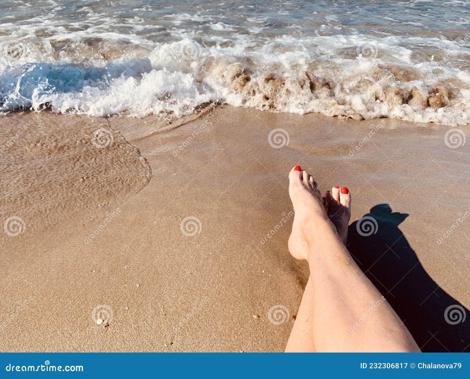 Female Feet on Sandy Beach Near Sea Stock Image - Image of close ...