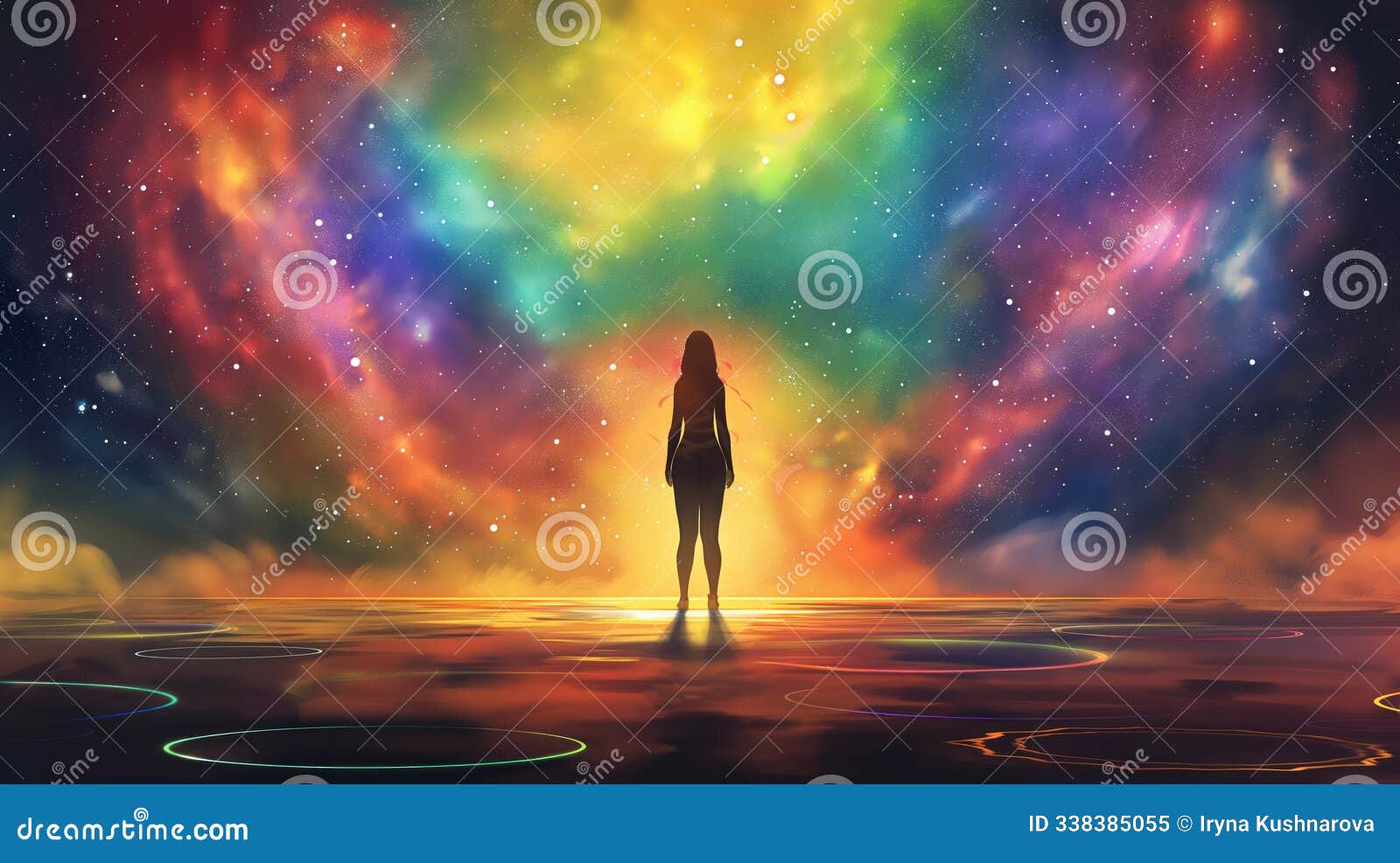 female figure stands in vast space amidst vibrant colors, balance, harmony of chakra energy. aura shines bright, representing