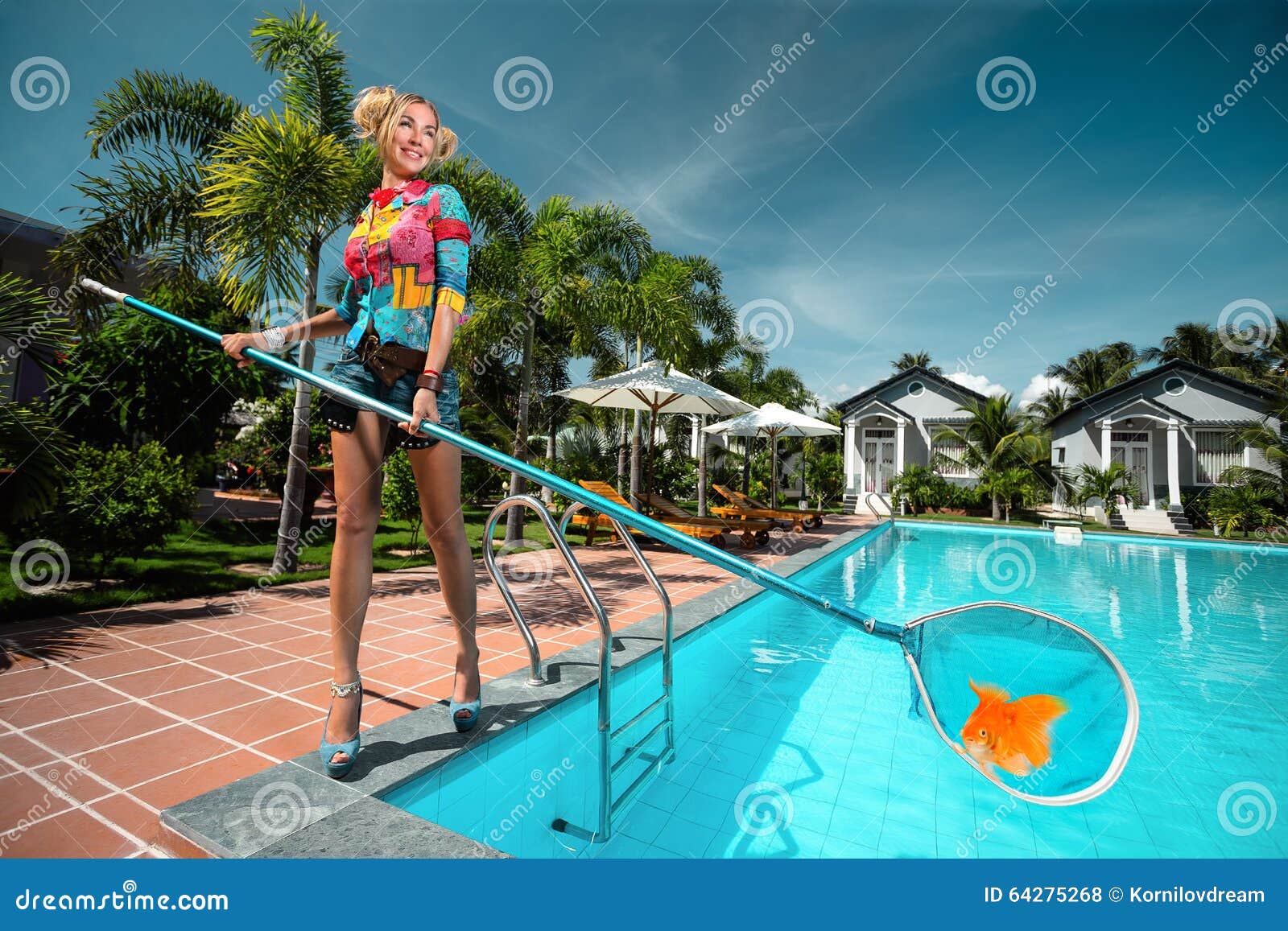 Female fishing of the pool stock photo. Image of clear 64275268