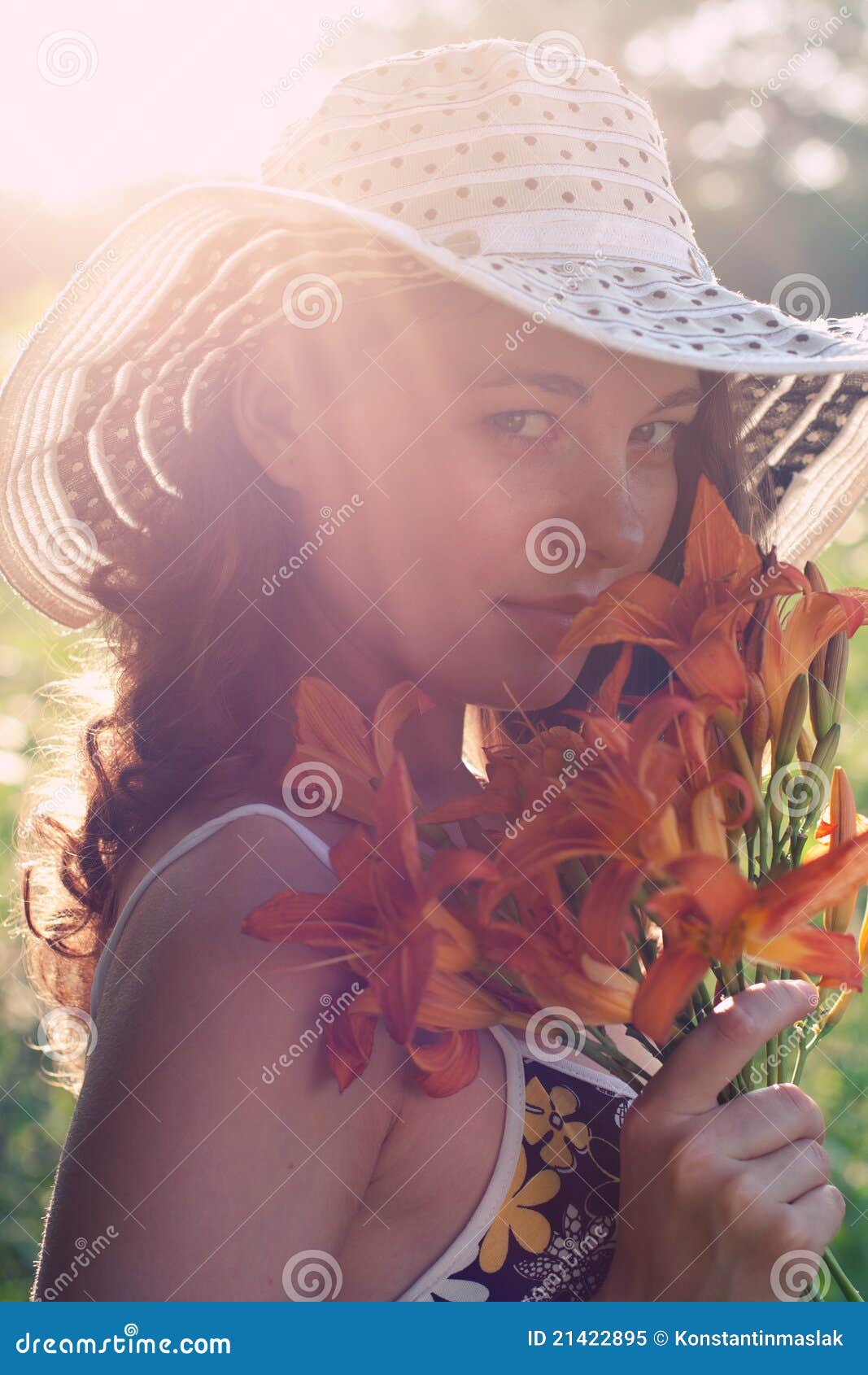 Female with flowers stock image. Image of outdoors, smiling 21422895