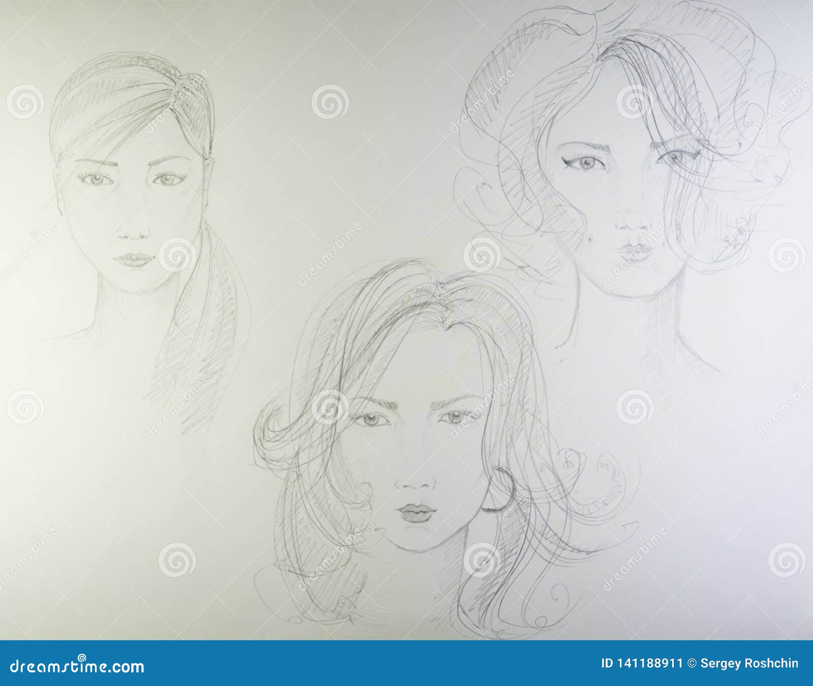 Female Hairstyles The Drawing On Paper A Pencil It Is Black