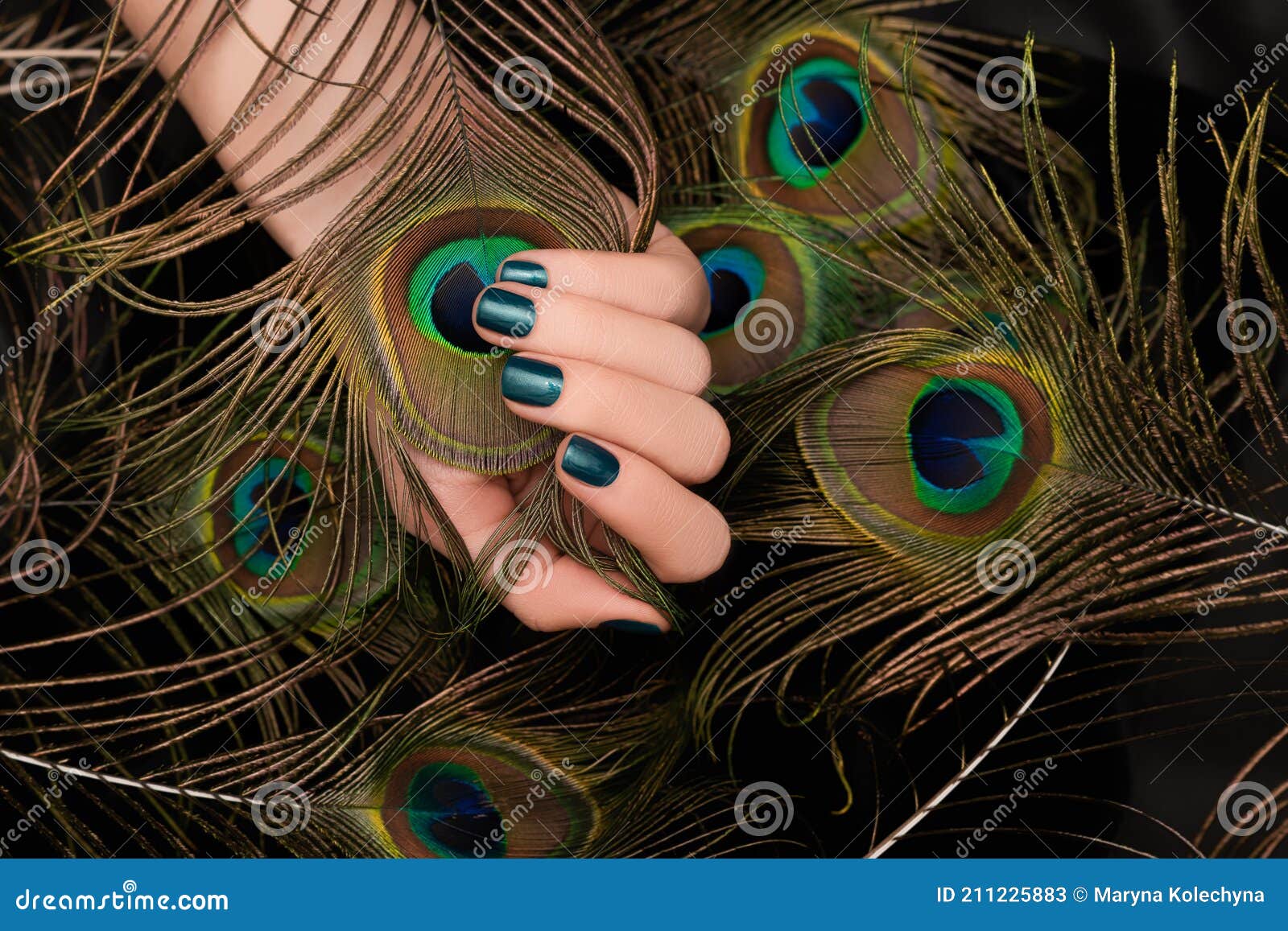 Peacock feather accent nail on dark blue manicure - wide 7