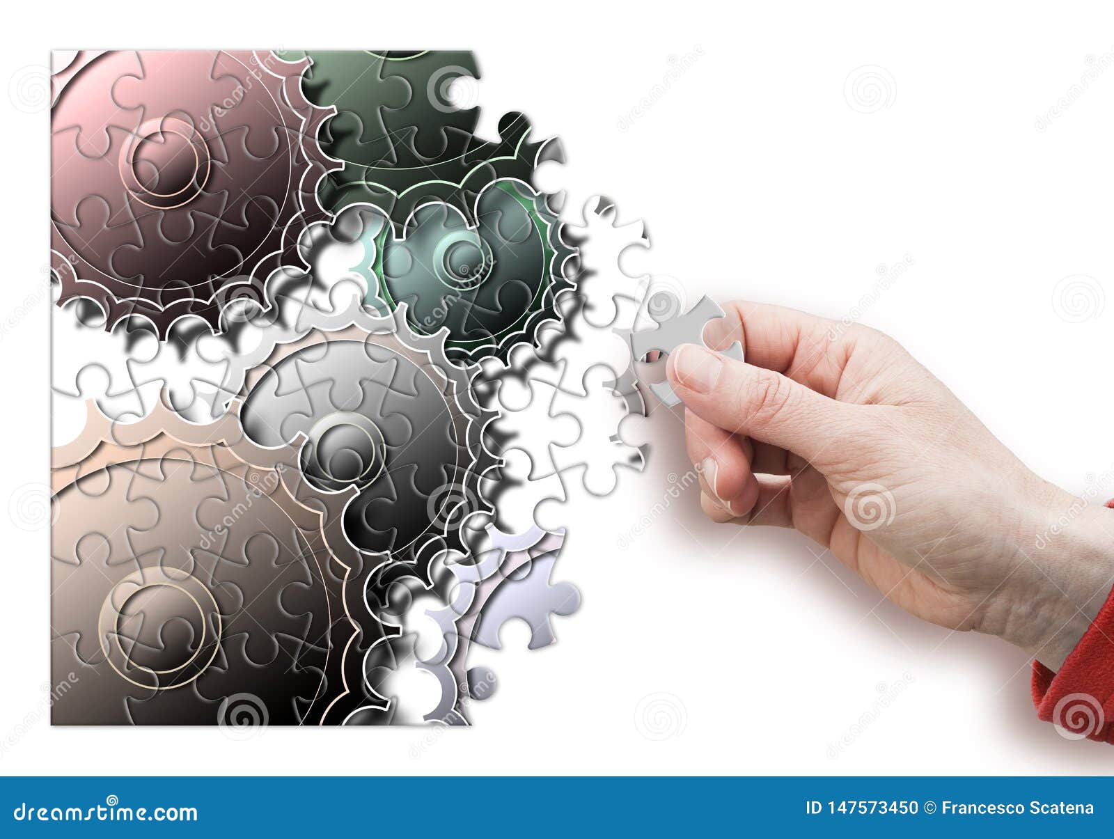 female hand disassemble and assemble a gear - concept image in puzzle 