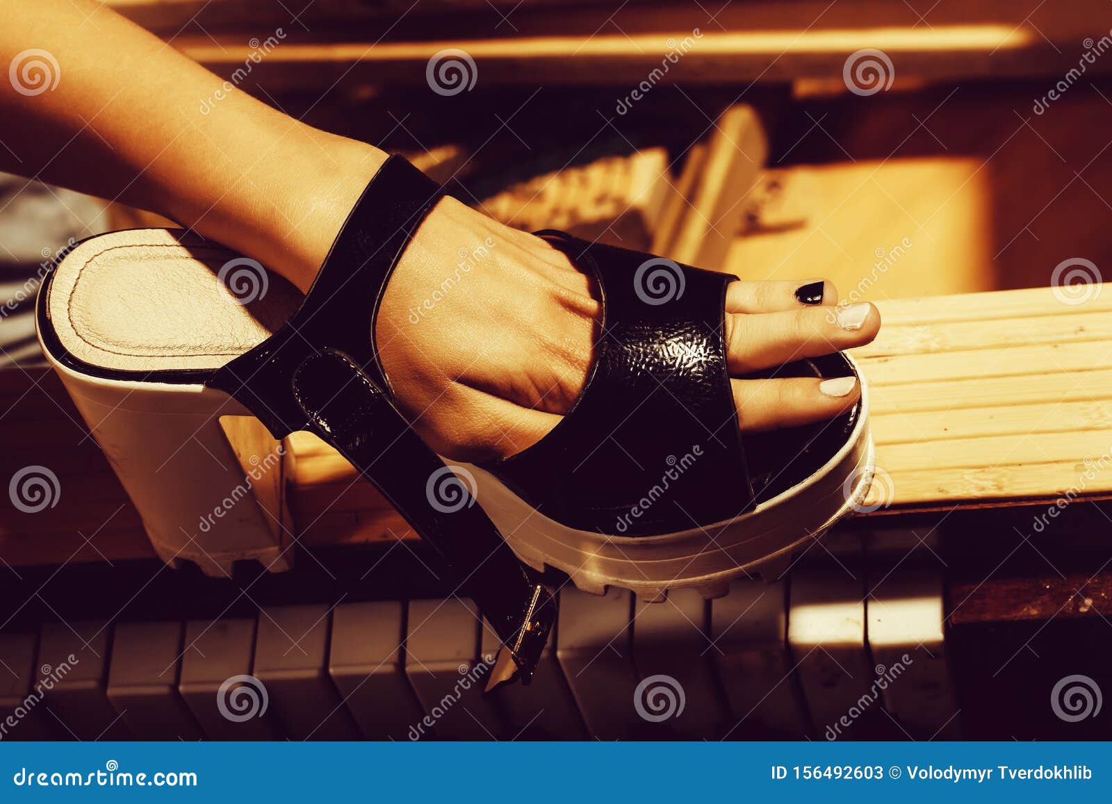 Female hand in shoe stock image. Image of black, hand - 156492603